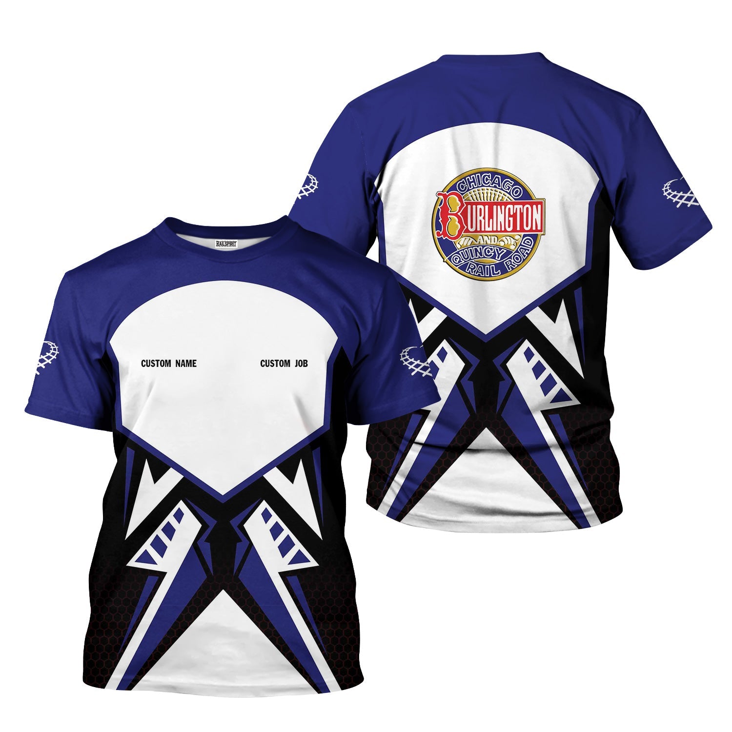 Railspirit Personalized Chicago, Burlington and Quincy Railroad T-Shirt Vibriant Style with Custom Position Train Shirt