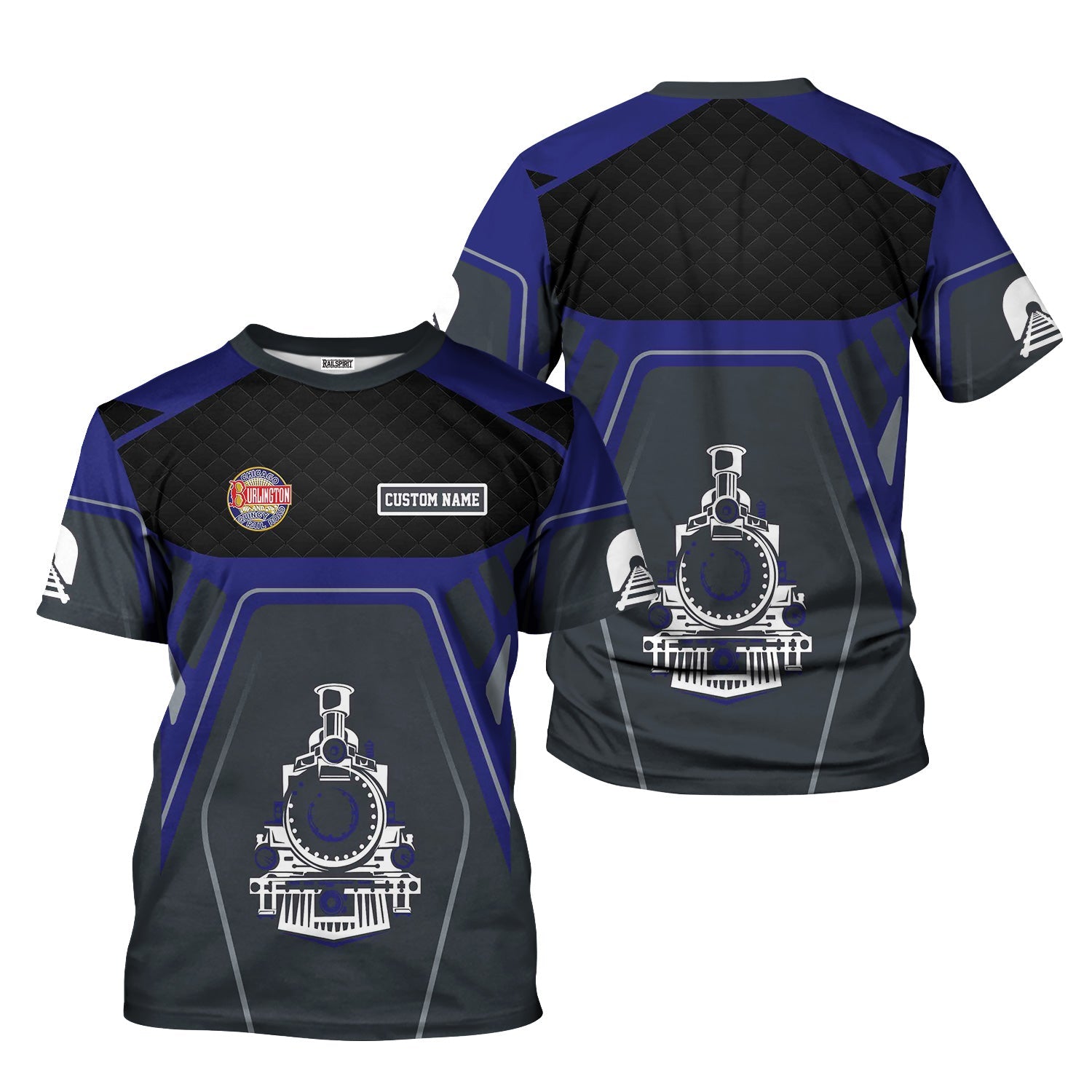 Railspirit Personalized Chicago, Burlington and Quincy Railroad T-Shirt Steam Locomotive Engine Graphic Train Shirt All Over Print