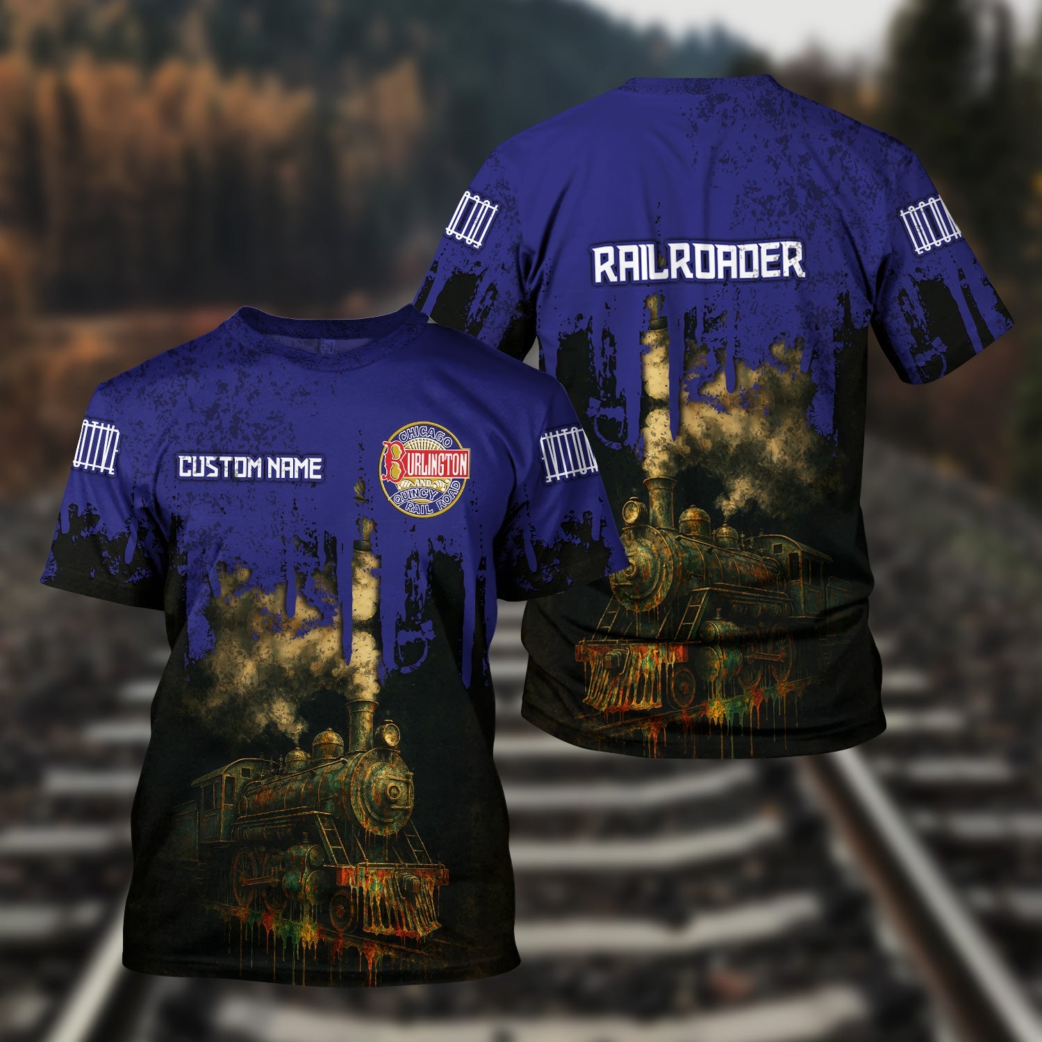 Railspirit Personalized Chicago, Burlington and Quincy Railroad T-Shirt Vintage Train Art Style Shirt For Locomotive Fans