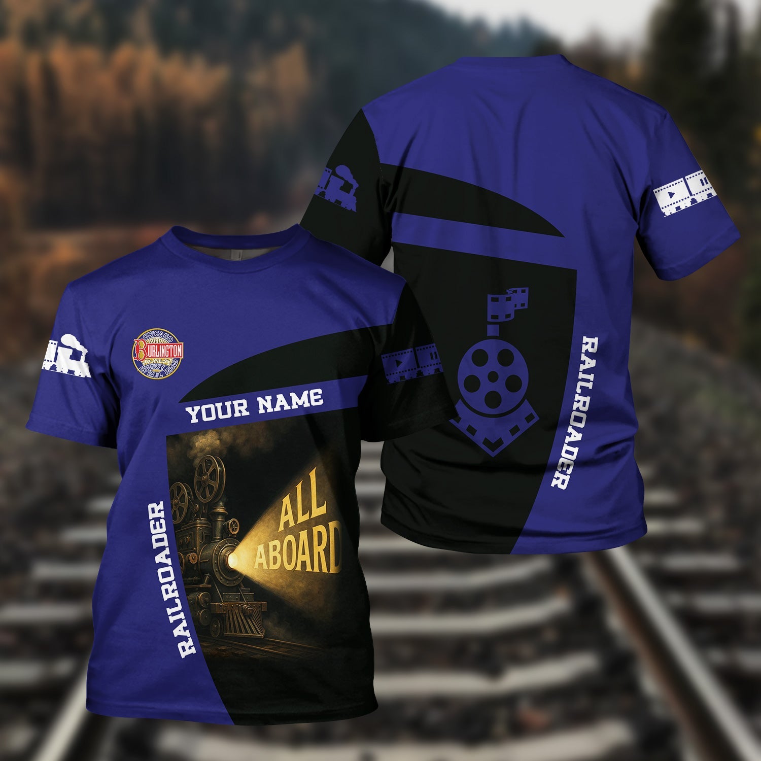 Railspirit Personalized Chicago, Burlington and Quincy Railroad T-Shirt All Aboard Steam Train Movie Projector Style Shirt