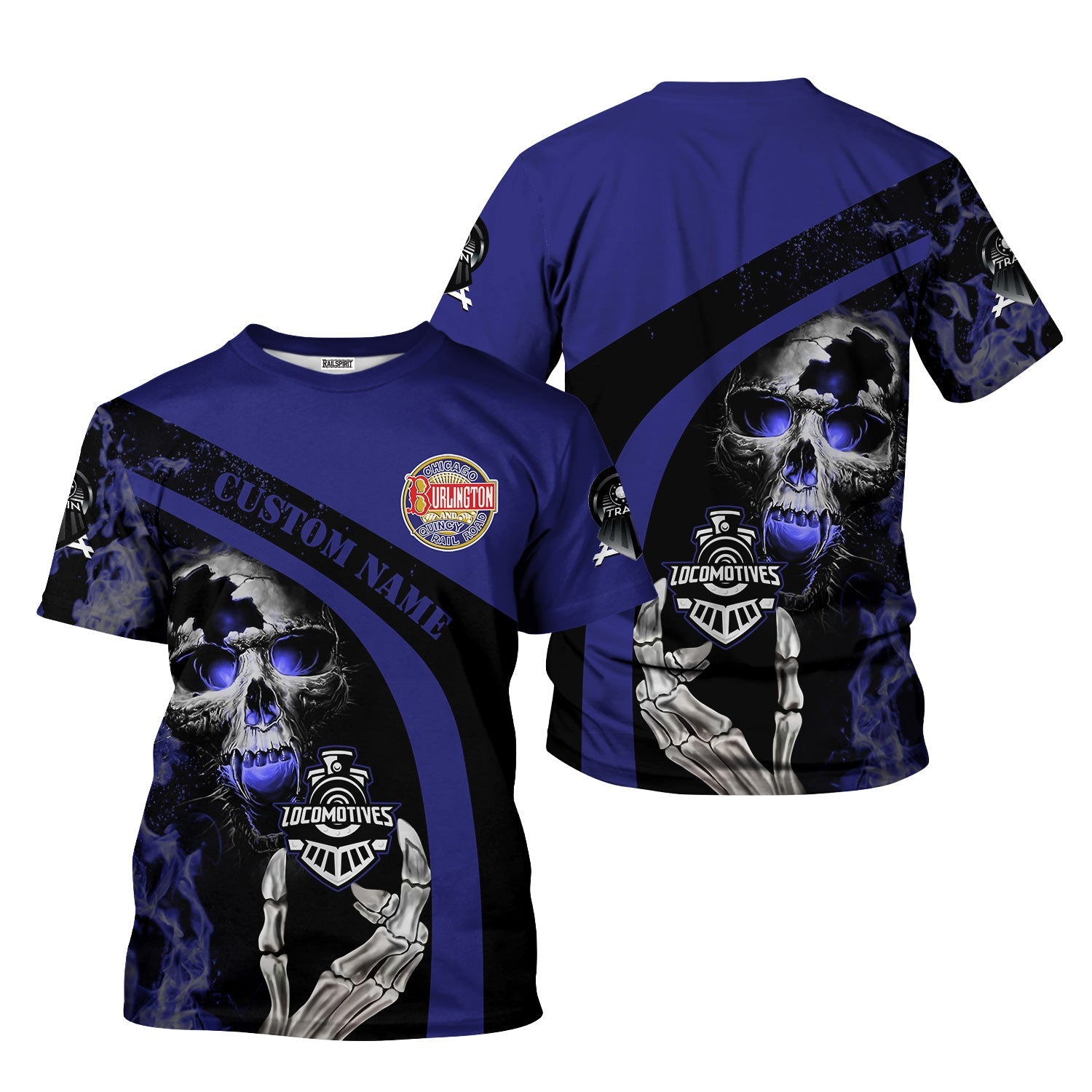 Railspirit Personalized Chicago, Burlington and Quincy Railroad T-Shirt Flame Skull Design Train Shirt for Locomotive Fans