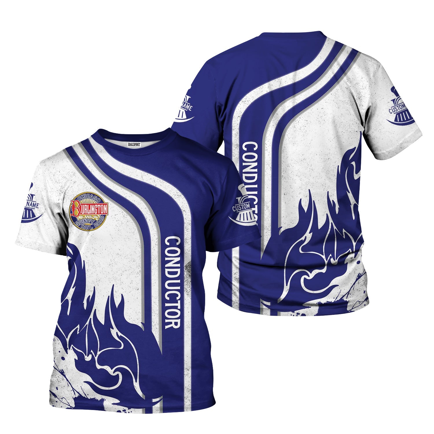 Railspirit Personalized Chicago, Burlington and Quincy Railroad T-Shirt Flame Design with Custom Job Position Train Shirt
