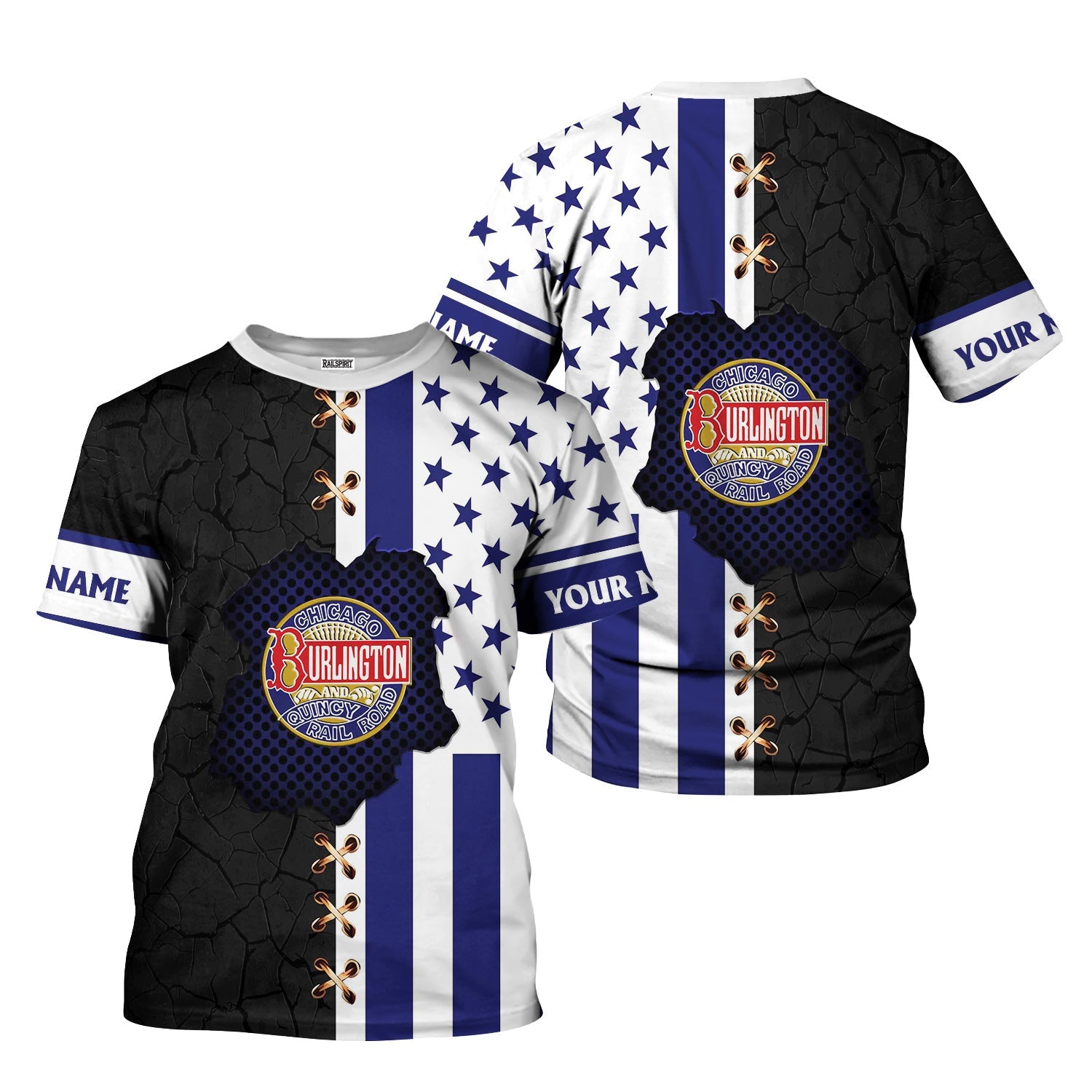 Railspirit Personalized Chicago, Burlington and Quincy Railroad T-Shirt American Flag with Crack Effect Train Shirt