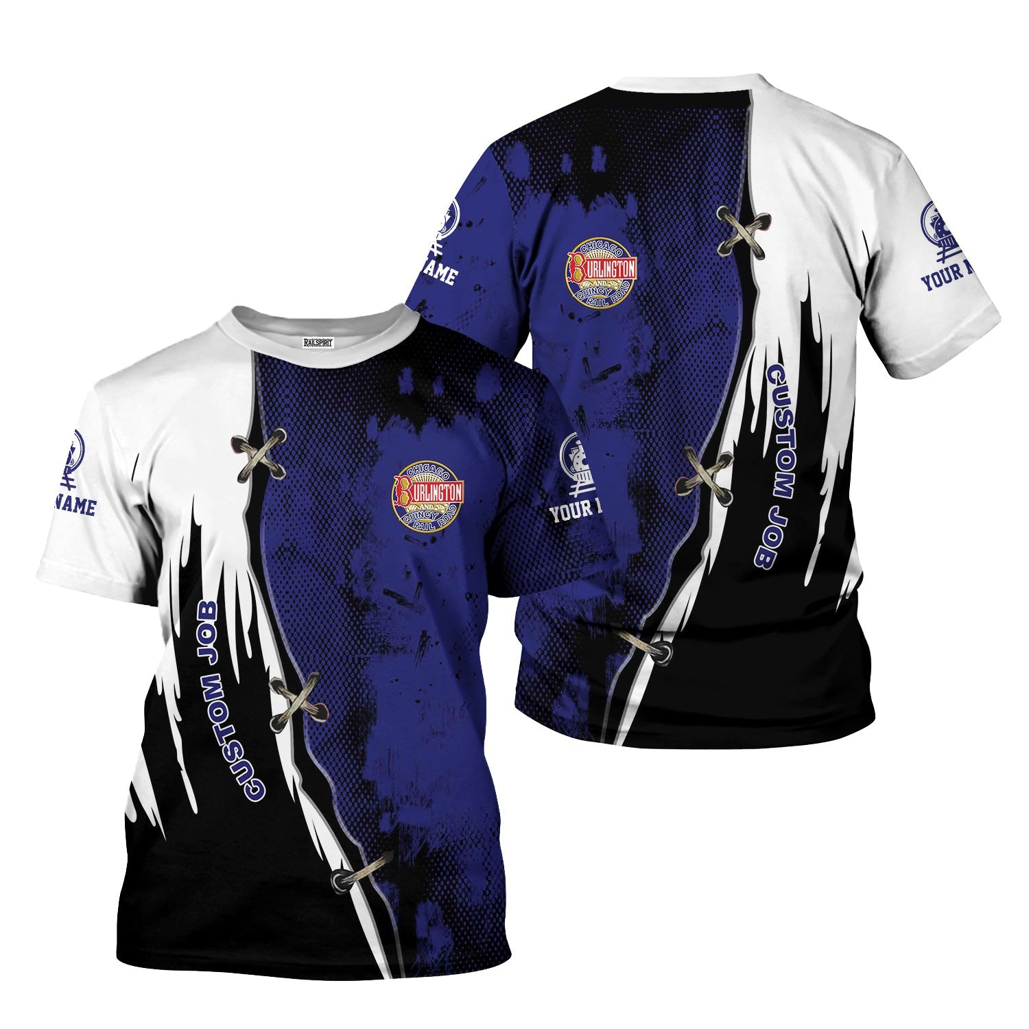 Railspirit Personalized Chicago, Burlington and Quincy Railroad T-Shirt Retro Stitches Design with Custom Position Train Shirt