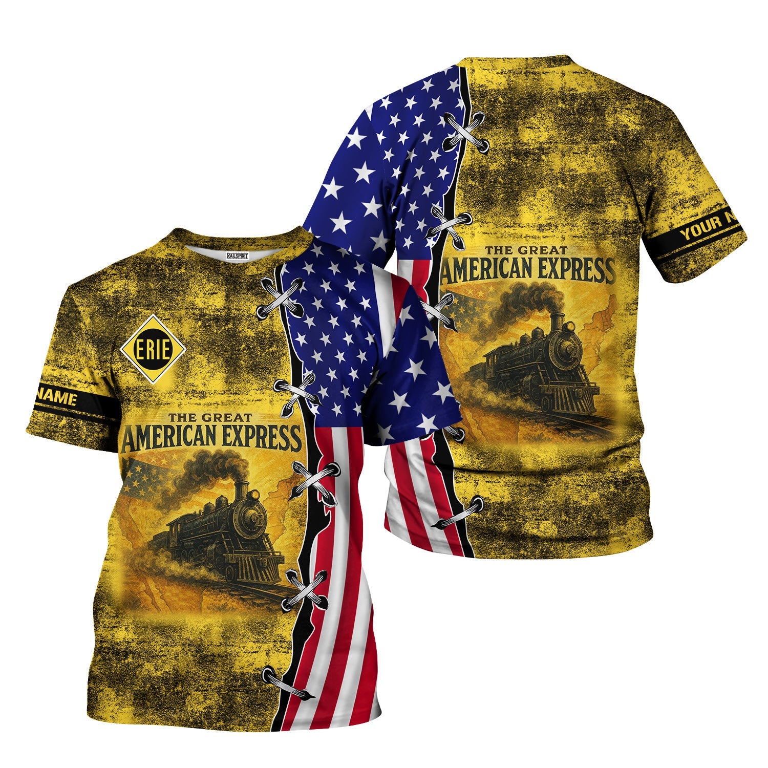 Railspirit Personalized Erie Railroad T-Shirt Retro American Express Train With USA Flag Shirt