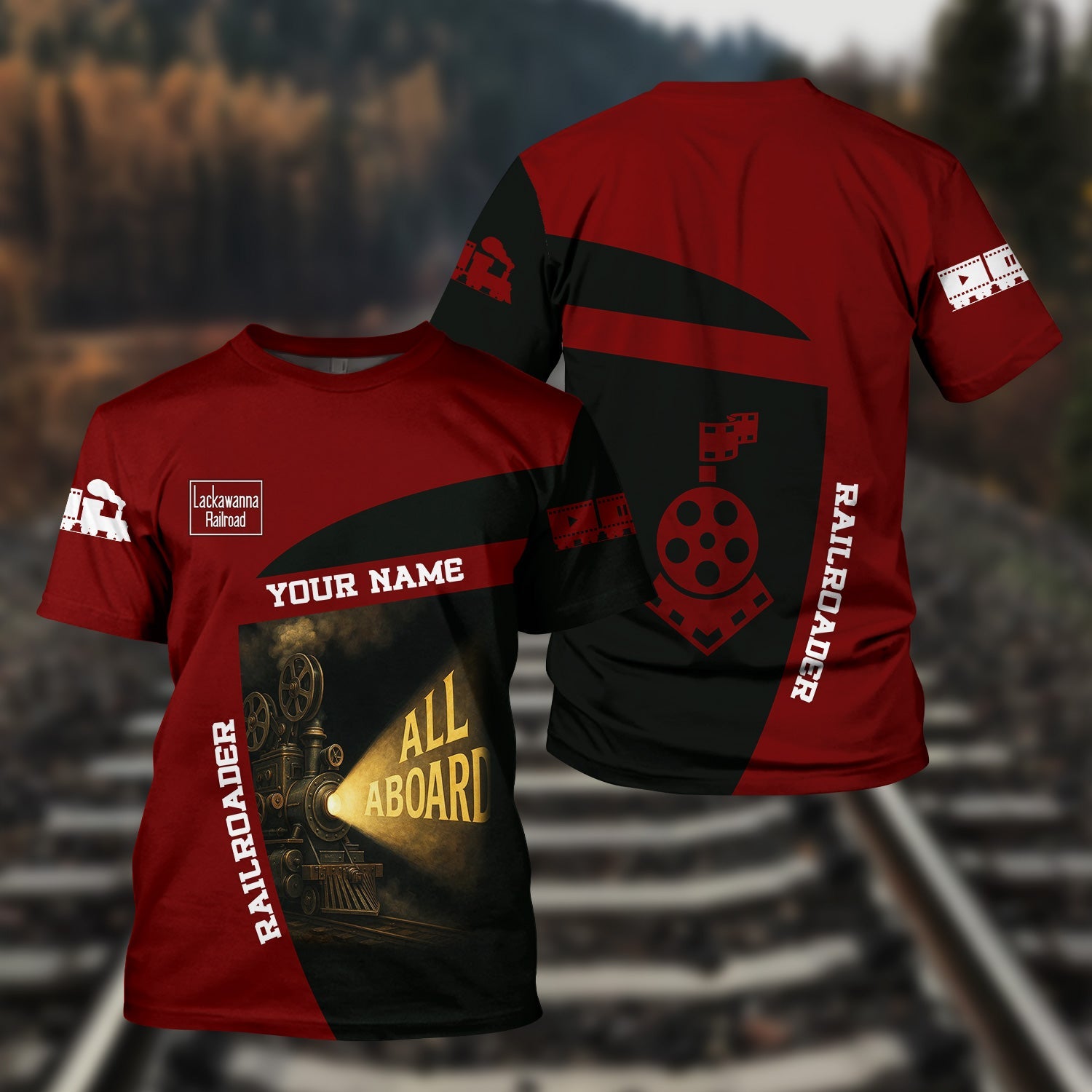 Railspirit Personalized Delaware, Lackawanna and Western Railroad T-Shirt All Aboard Steam Train Movie Projector Style DL&W Shirt