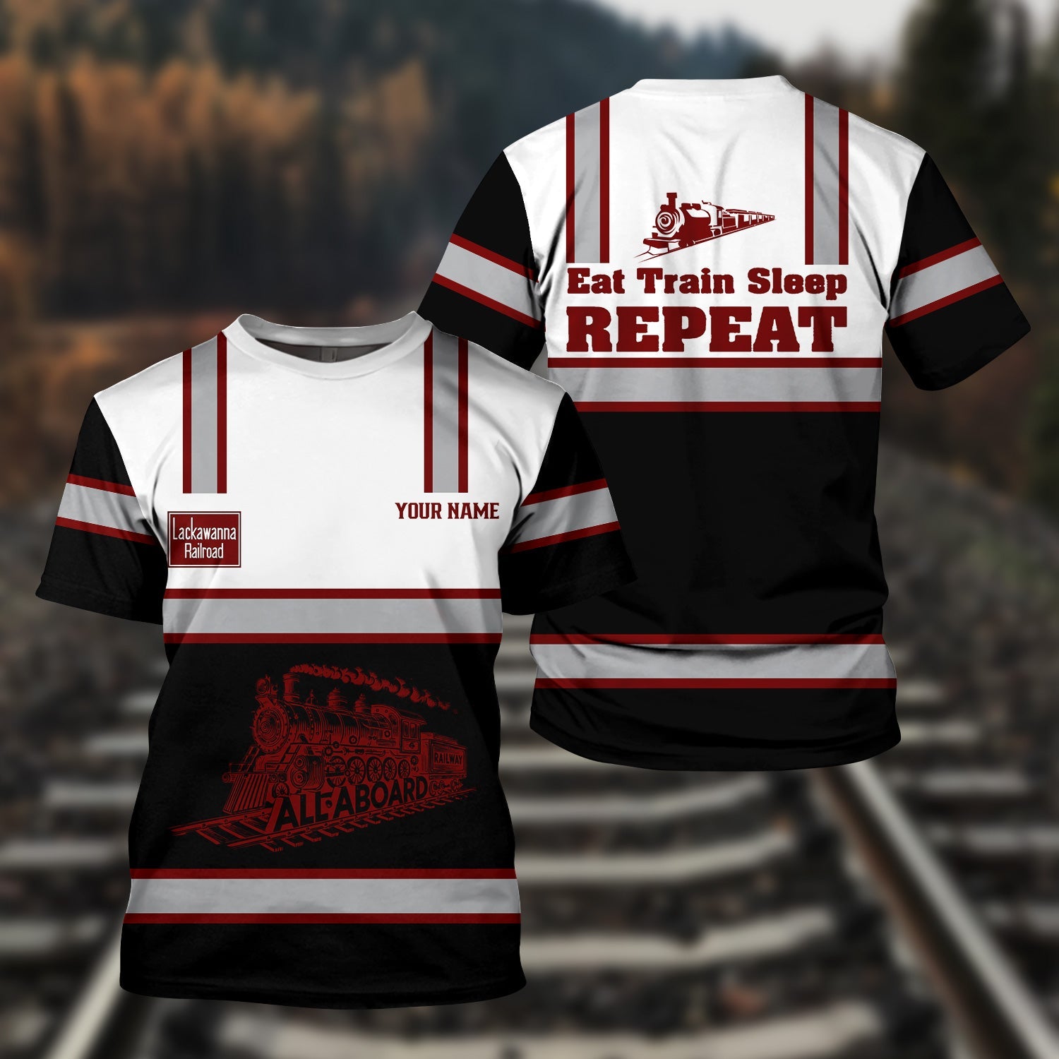 Railspirit Custom Name Delaware, Lackawanna and Western Railroad T Shirt Eat Train Sleep Repeat DL&W Printed Train Shirt