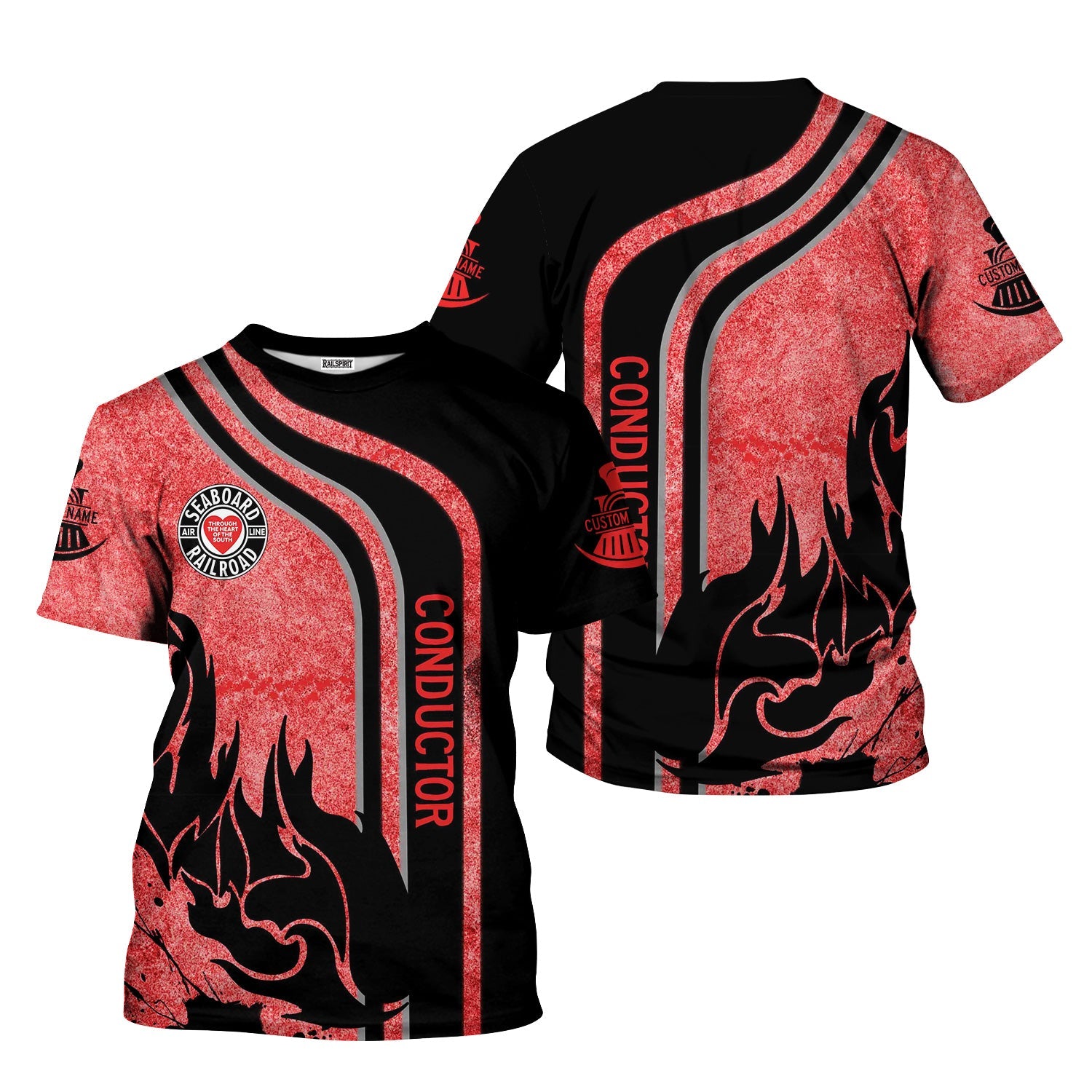 Railspirit Personalized Seaboard Air Line Railroad T-Shirt Flame Design with Custom Job Position Train Shirt