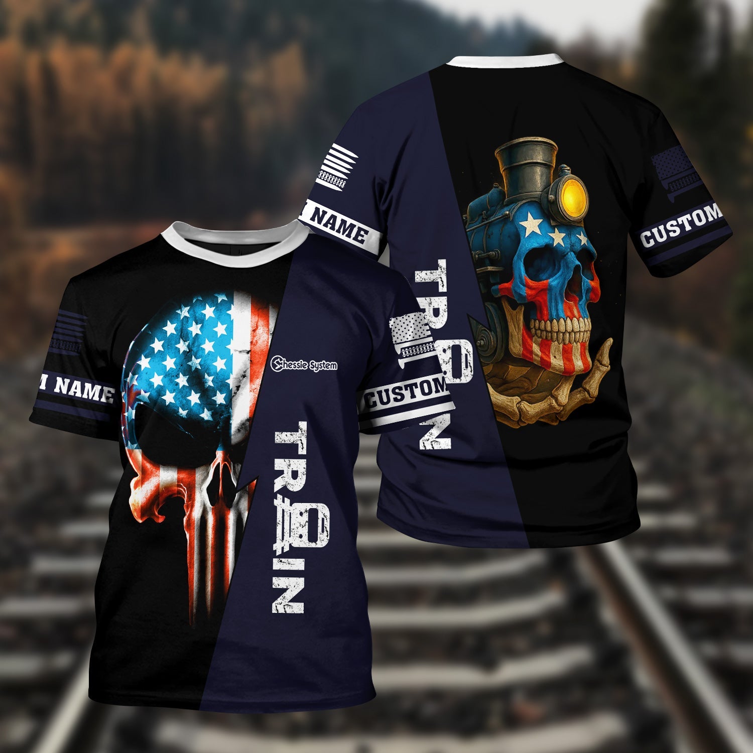 Railspirit Personalized Chessie System Railroad T-Shirt Train Skull American Flag Shirt All Over Print