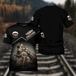Railspirit Personalized Vintage Steam Train Driver T-Shirt ��� Railroad Gift for Train Lovers
