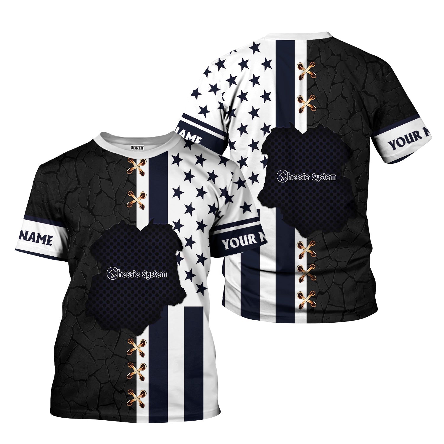 Railspirit Personalized Chessie System Railroad T-Shirt American Flag with Crack Effect Train Shirt