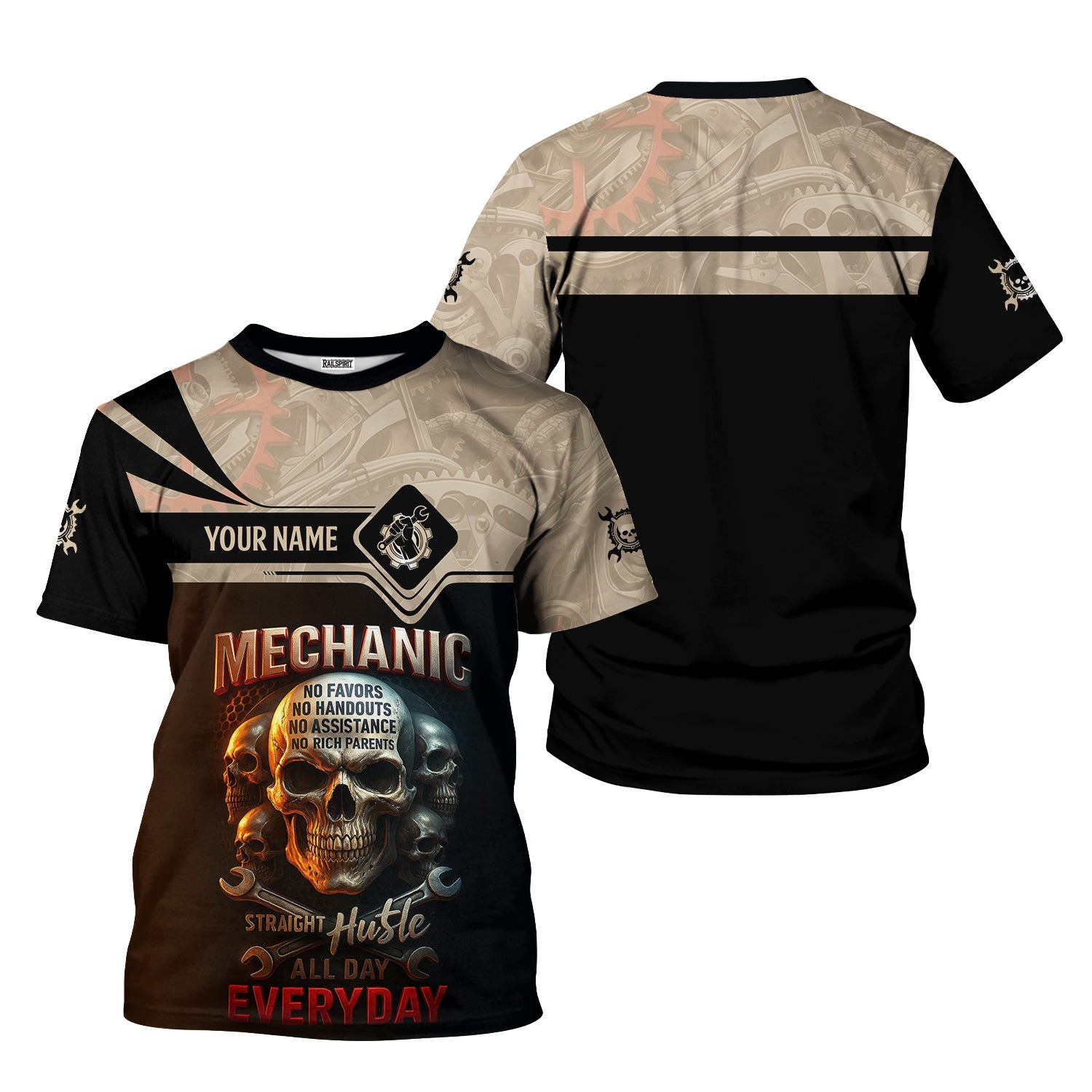 Personalized Mechanic Shirt, Straight Hustle All Day Everyday, Skull and Wrenchs Design, Gift For Men