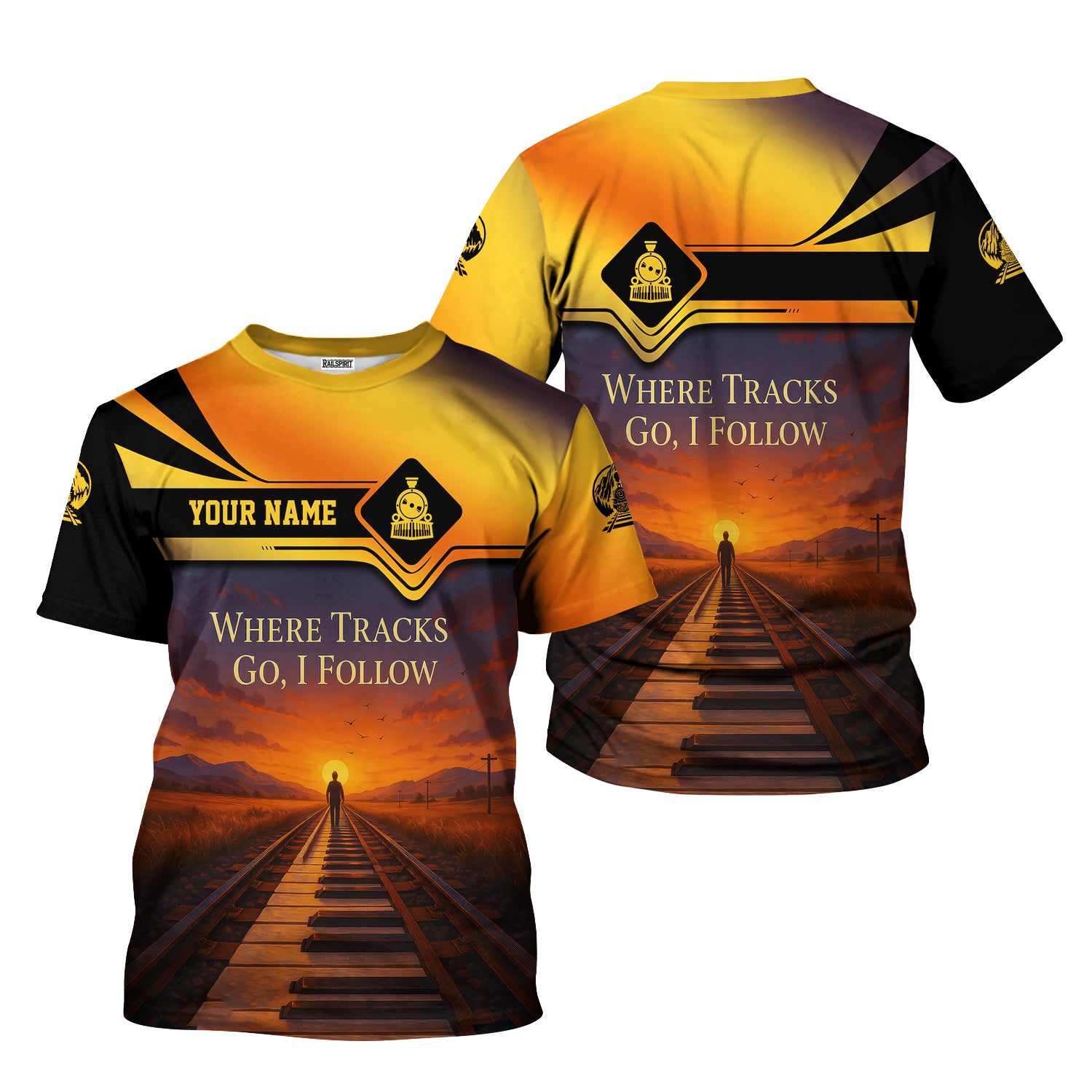 Custom Name Steam Train T-shirt, Where Tracks Go I Follow, Railroad with Sunset Design, Train Lover Gift