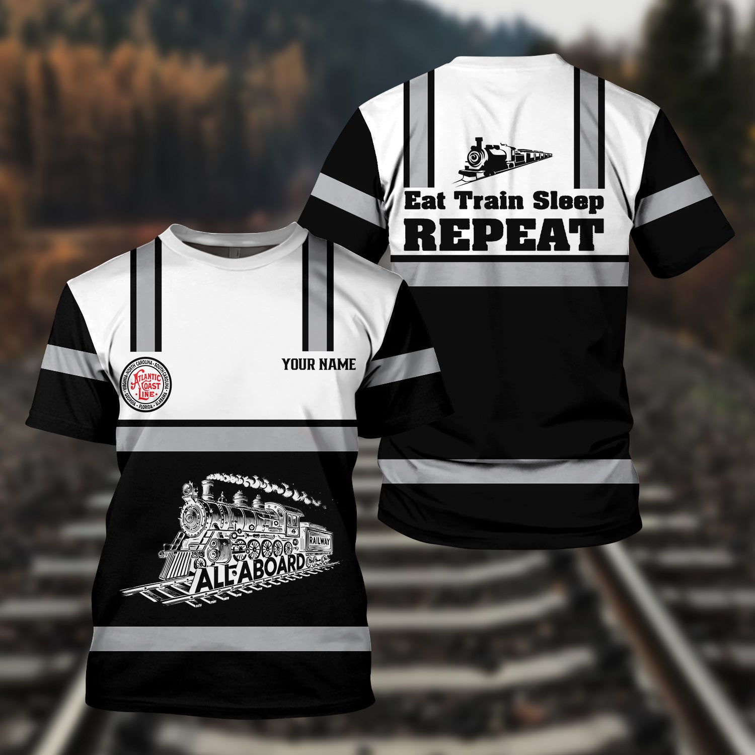 Railspirit Custom Name Atlantic Coast Line Railroad T Shirt Eat Train Sleep Repeat Printed Train Shirt
