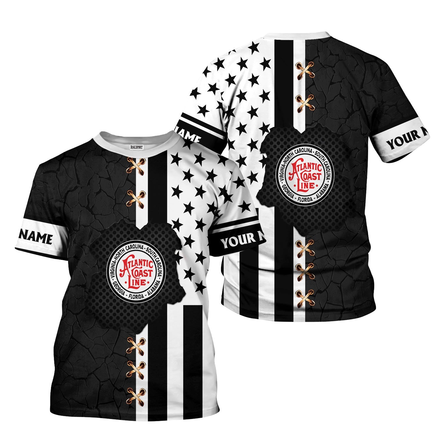 Railspirit Personalized Atlantic Coast Line Railroad T-Shirt American Flag with Crack Effect Train Shirt