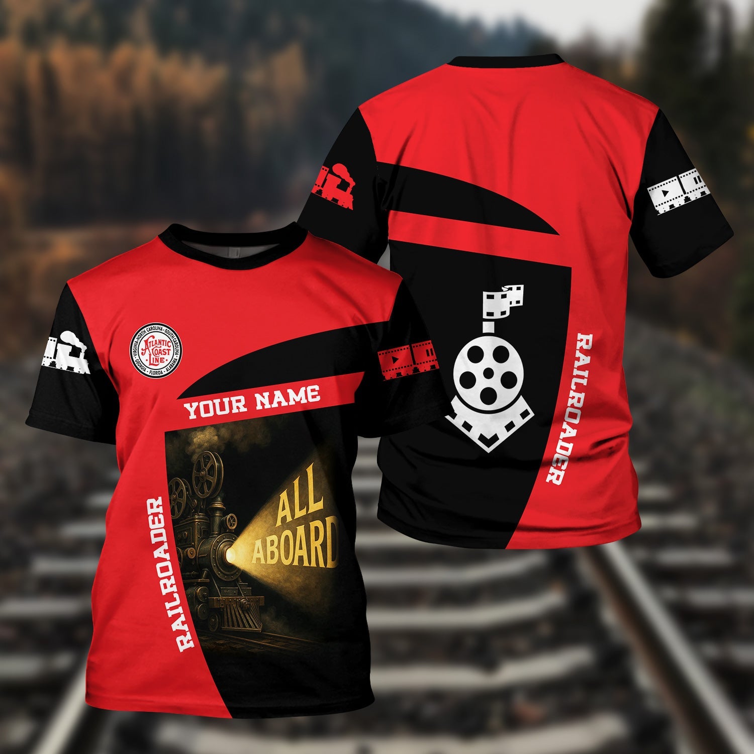 Railspirit Personalized Atlantic Coast Line Railroad T-Shirt All Aboard Steam Train Movie Projector Style Shirt