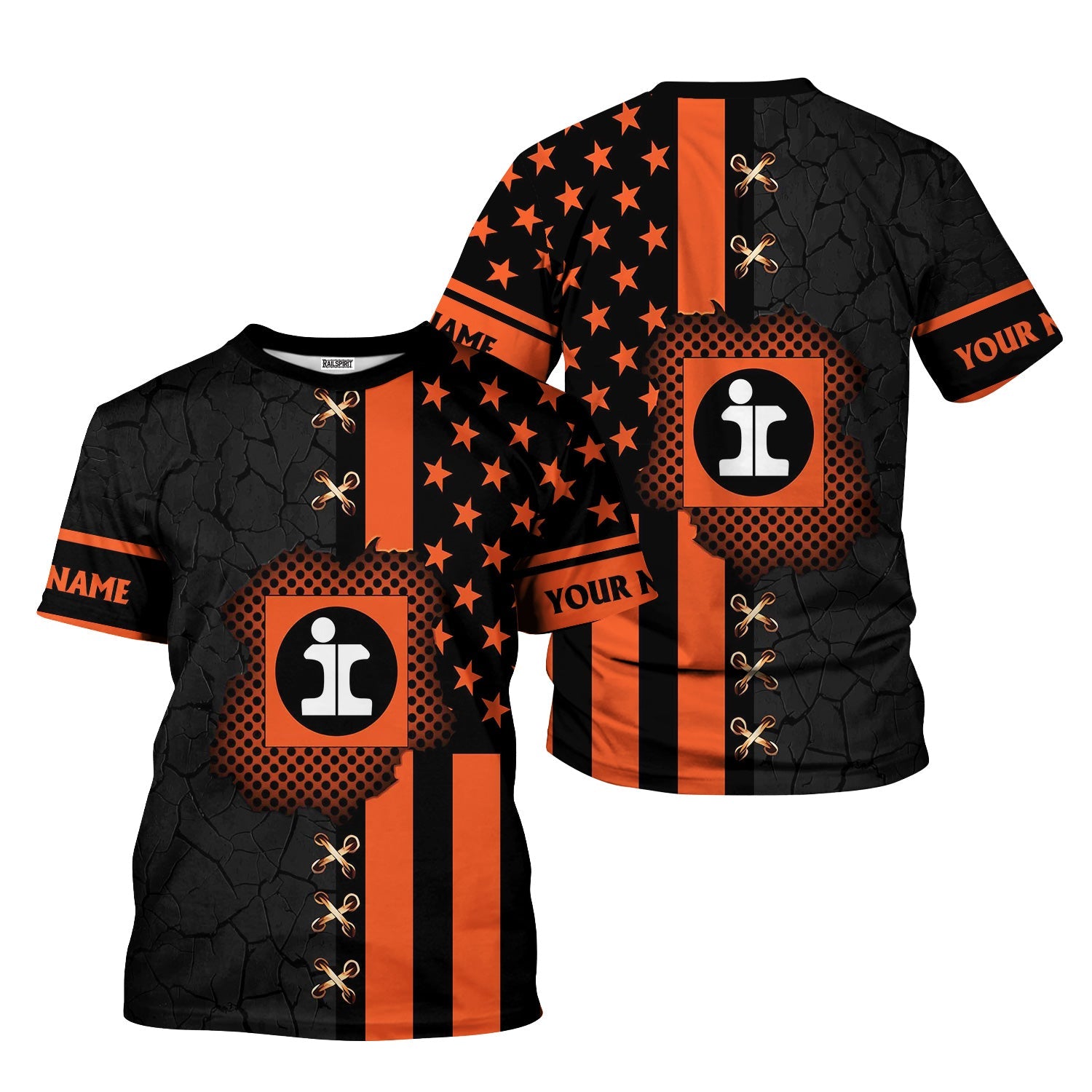 Railspirit Personalized Illinois Central Railroad T-Shirt American Flag with Crack Effect Train Shirt