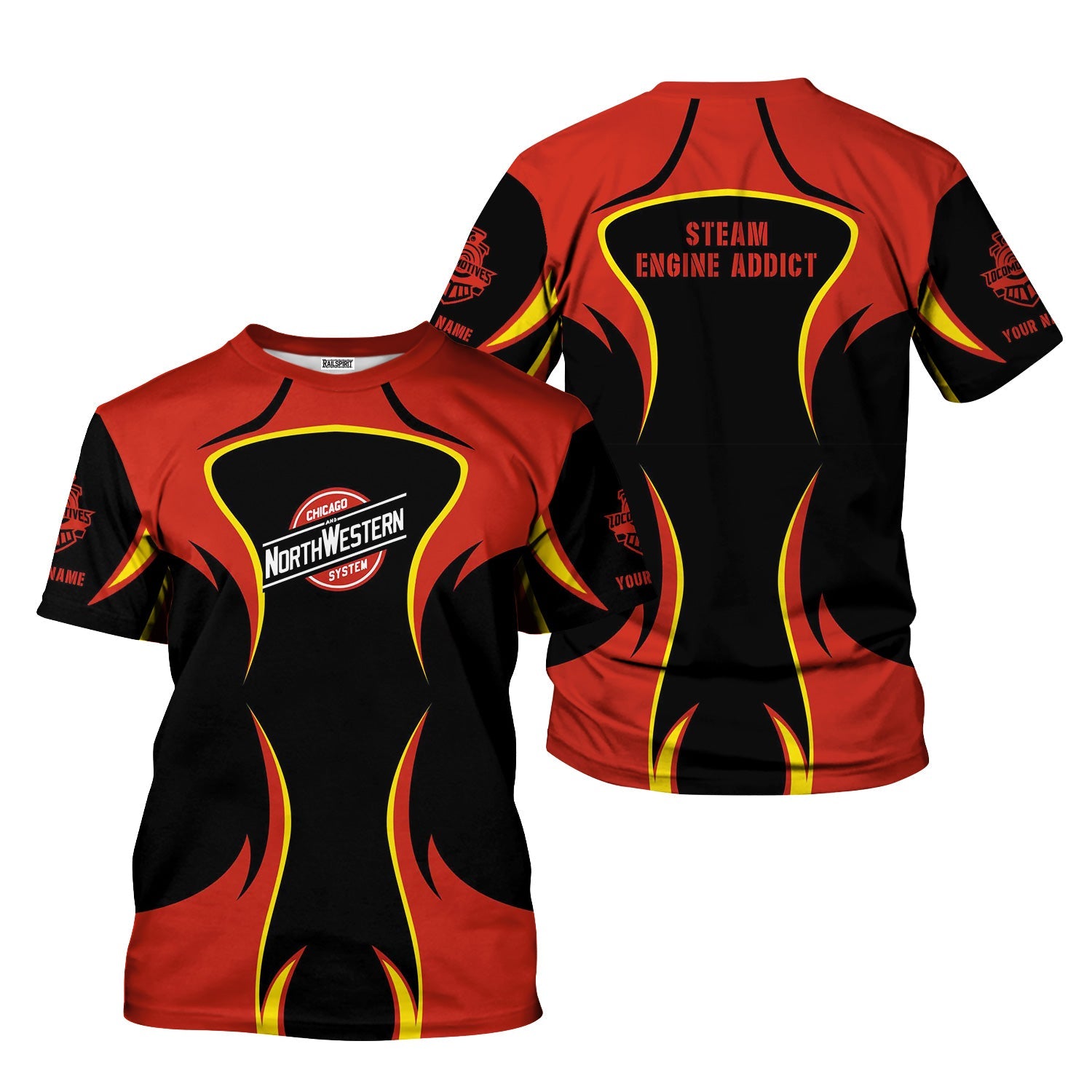 Railspirit Personalized Chicago and North Western Railway T-Shirt Distinctive Flame Style Shirt For Steam Engine Addict