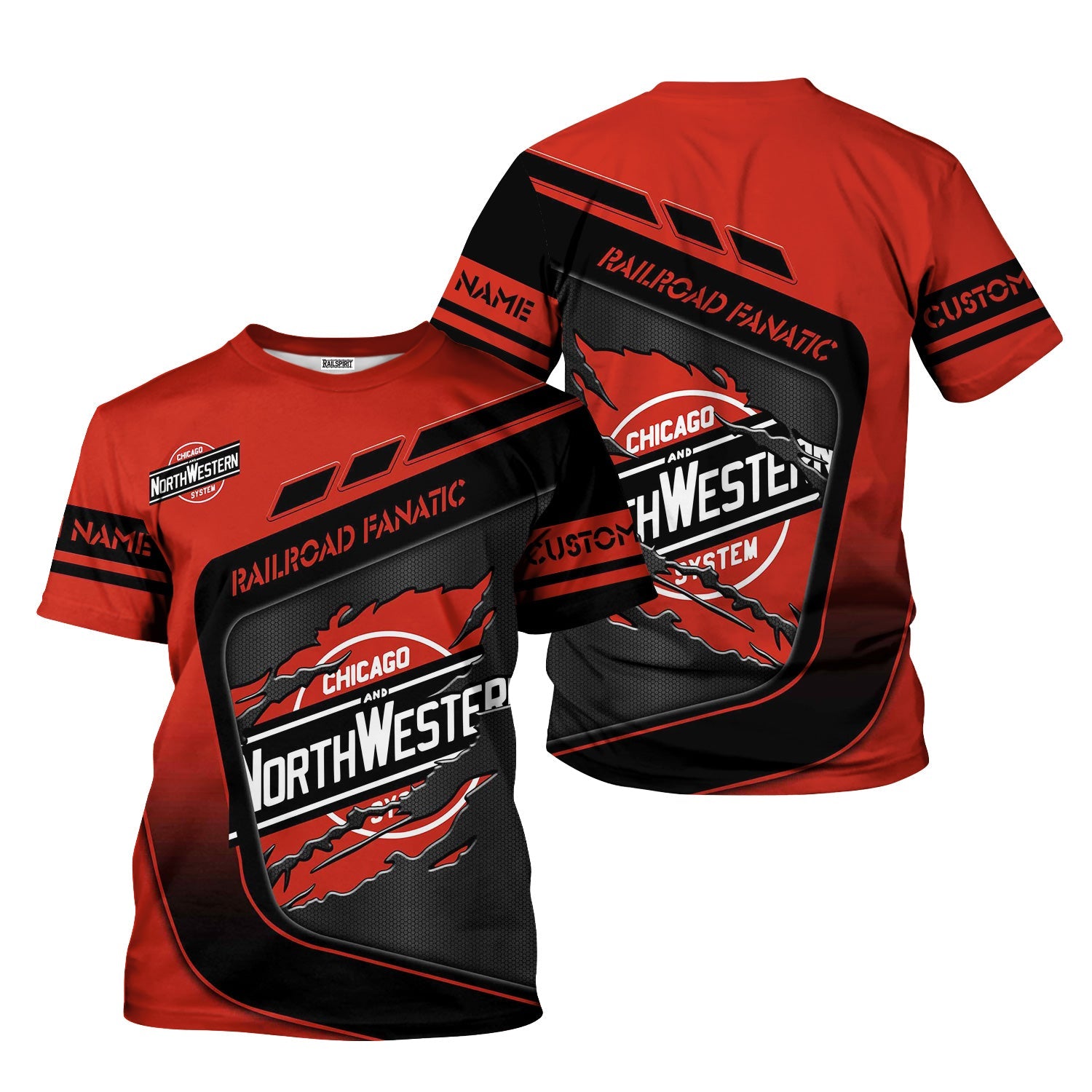 Railspirit Personalized Chicago and North Western Railway T-Shirt Ripped Texture Style Train Shirt For Railroad Fanatic