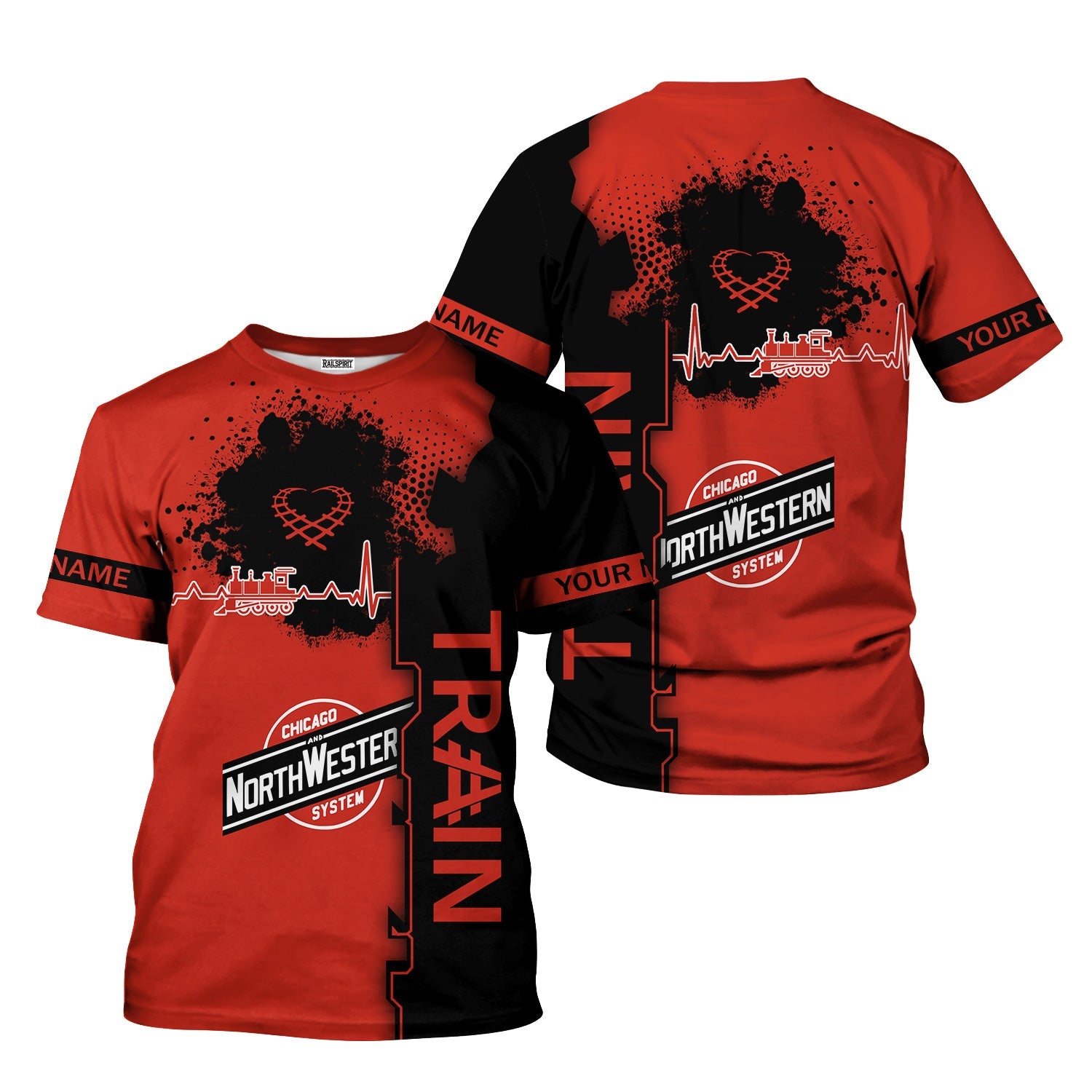 Railspirit Personalized Chicago and North Western Railway T-Shirt Engine Heartbeat and Track Love Style Shirt Gift Idea For Train Lovers
