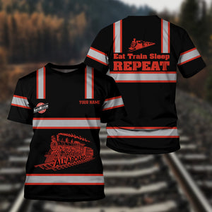 Railspirit Custom Name Chicago and North Western Railway T Shirt Eat Train Sleep Repeat Printed Train Shirt