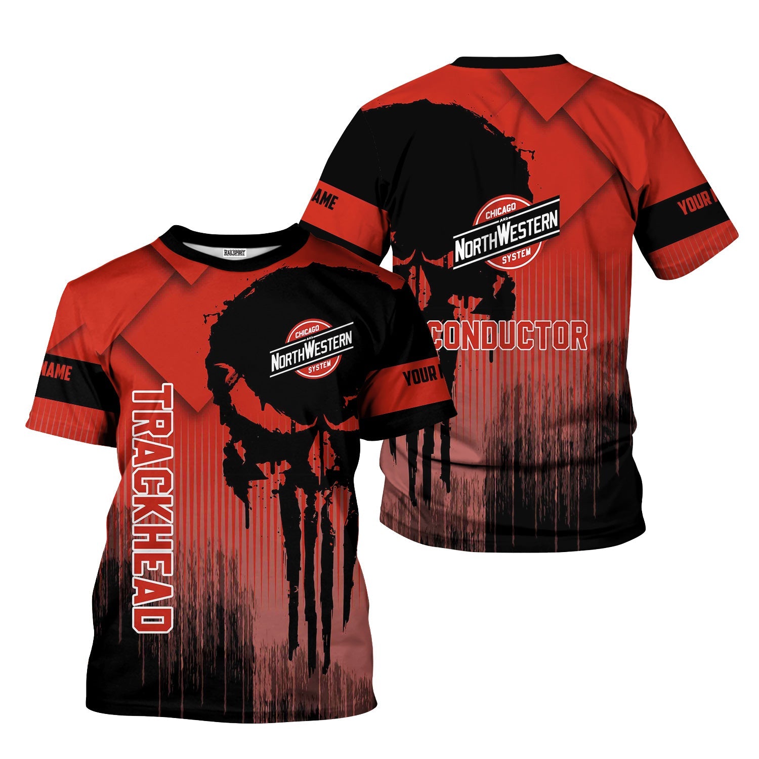 Railspirit Personalized Chicago and North Western Railway T-Shirt Skull Design with Custom Job Train Shirt for Trackhead Crew