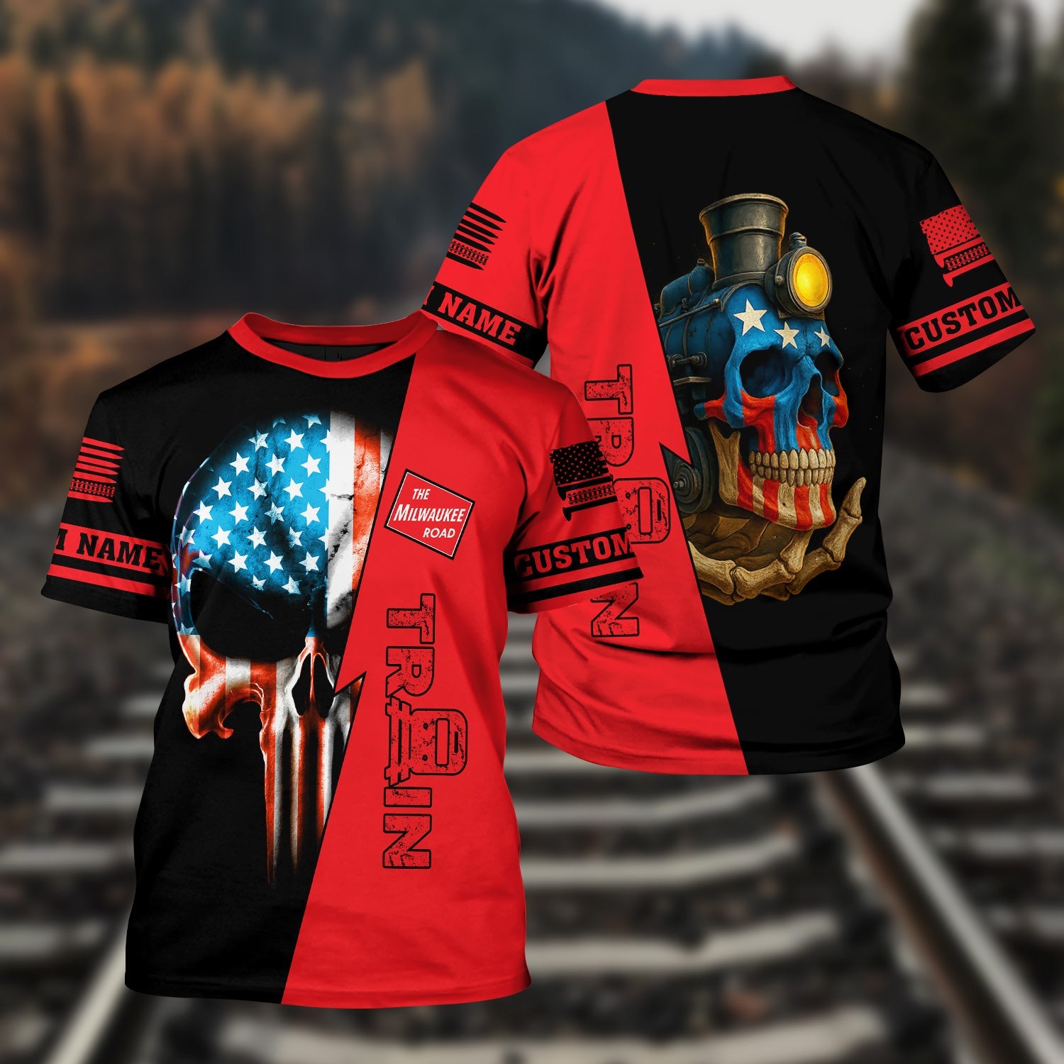 Railspirit Personalized Chicago, Milwaukee, St. Paul and Pacific Railroad T-Shirt Train Skull American Flag Milwaukee Road Shirt All Over Print
