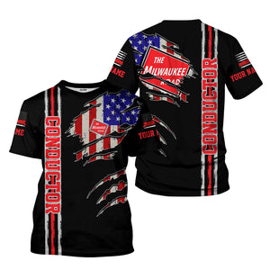 Railspirit Personalized Chicago, Milwaukee, St. Paul and Pacific Railroad T-Shirt USA Flag Claw Art with Custom Job Milwaukee Road Train Shirt