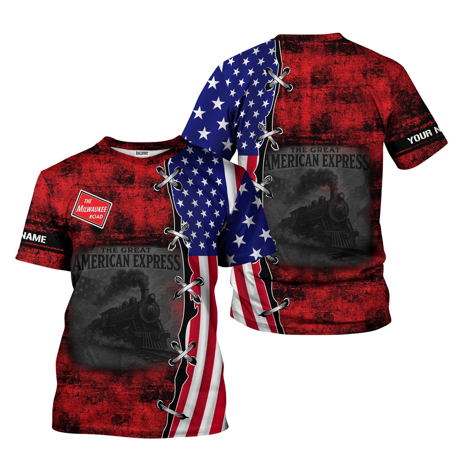 Railspirit Personalized Chicago, Milwaukee, St. Paul and Pacific Railroad T-Shirt Retro American Express Train With USA Flag Milwaukee Road Shirt