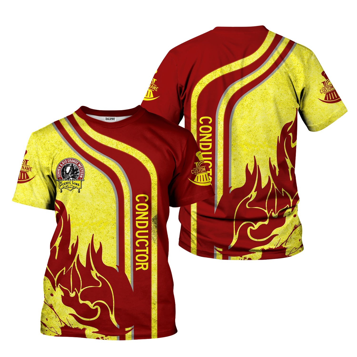 Railspirit Personalized Denver and Rio Grande Western Railroad T-Shirt Flame Design with Custom Job Position Train Shirt