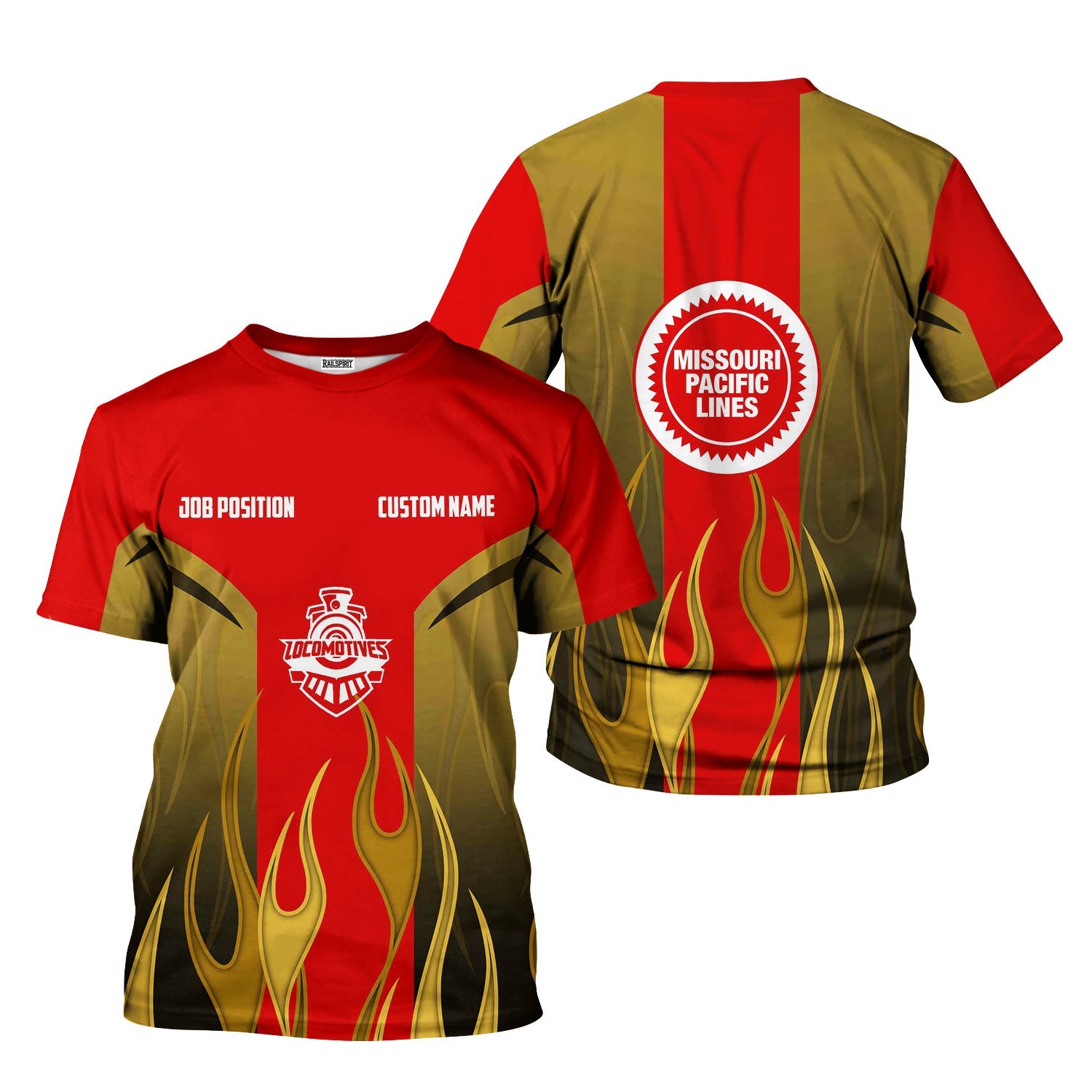 Railspirit Custom Name and Job Title Missouri Pacific Railroad T-Shirt Flame Graphic Train Shirt