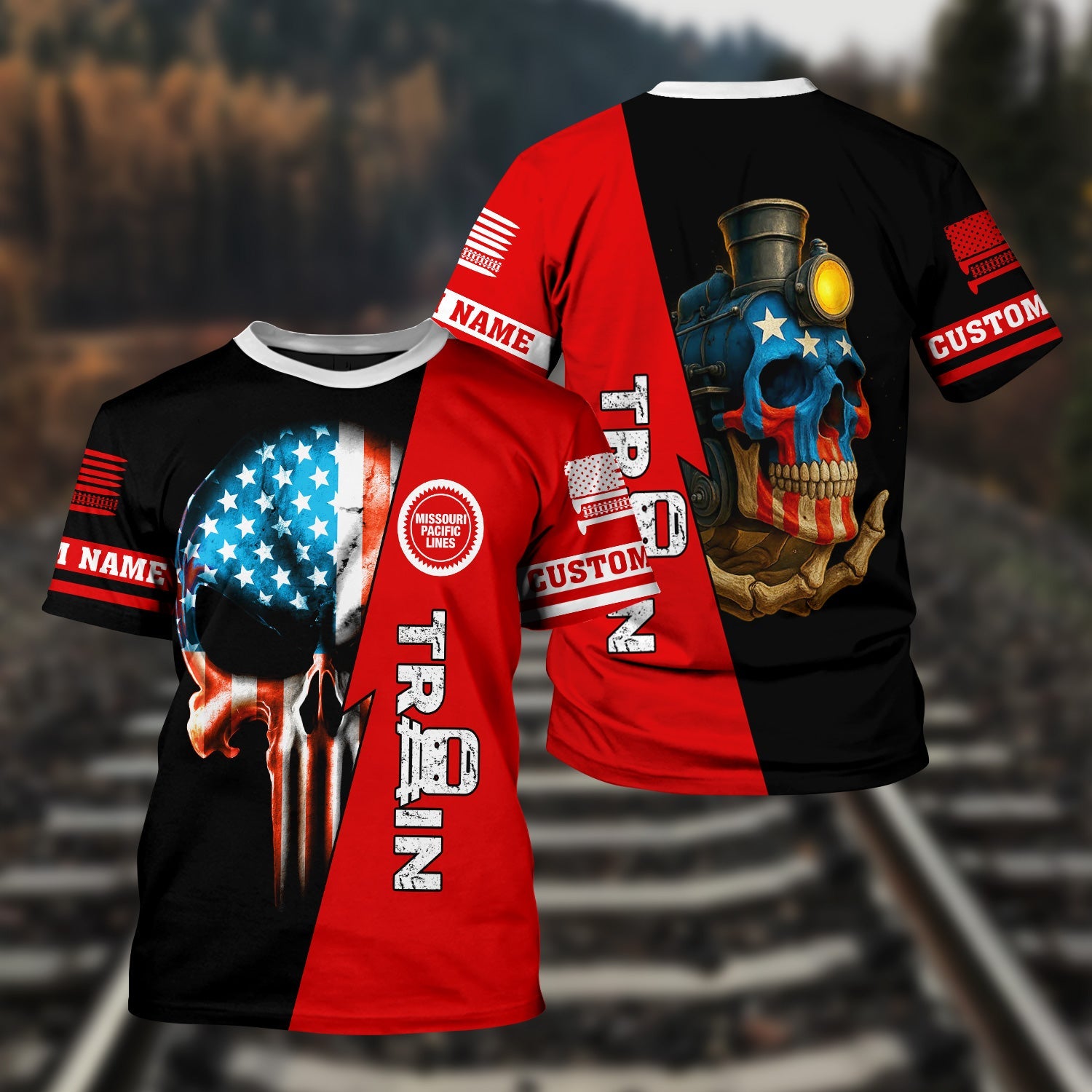 Railspirit Personalized Missouri Pacific Railroad T-Shirt Train Skull American Flag Shirt All Over Print
