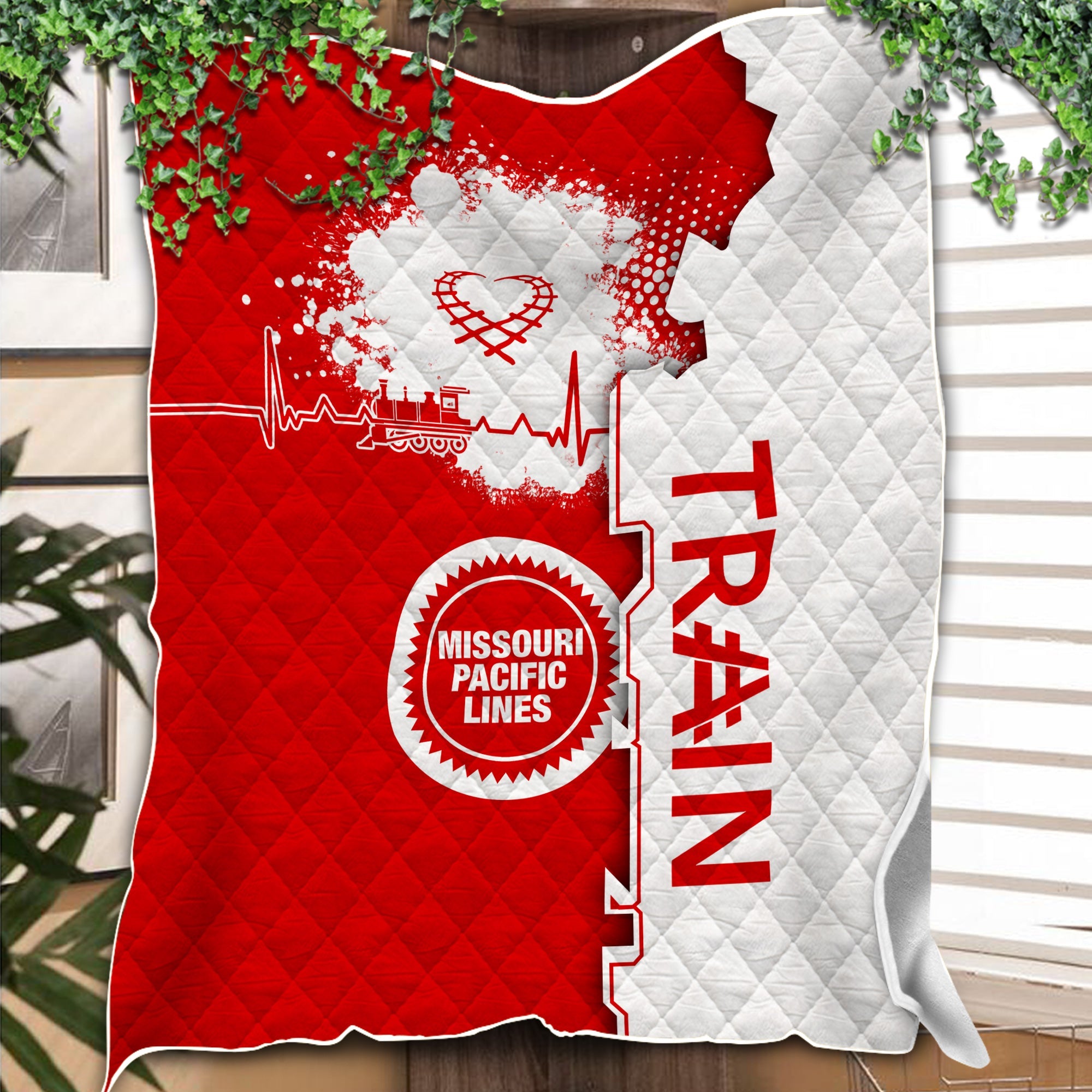 Railspirit Missouri Pacific Railroad Premium Quilts Engine Heartbeat and Track Love Style Quilts Gift Idea For Train Lovers
