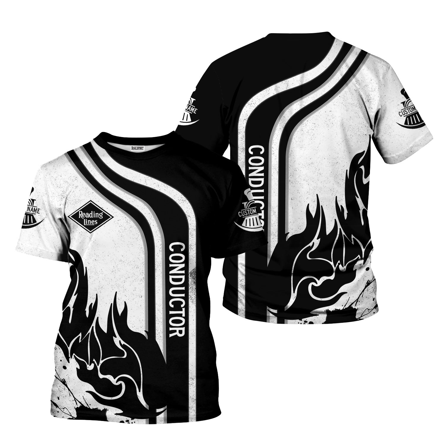 Railspirit Personalized Reading Railroad T-Shirt Flame Design with Custom Job Position Train Shirt