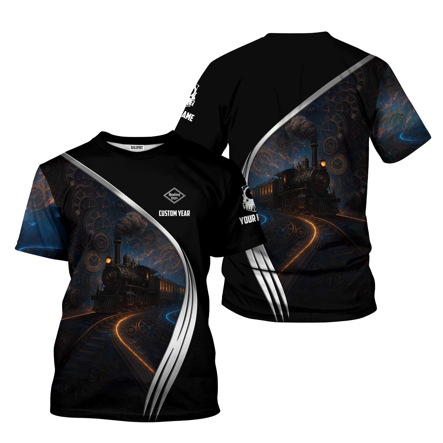 Railspirit Personalized Reading Railroad T-Shirt Steampunk Locomotive with Custom Year Train Shirt