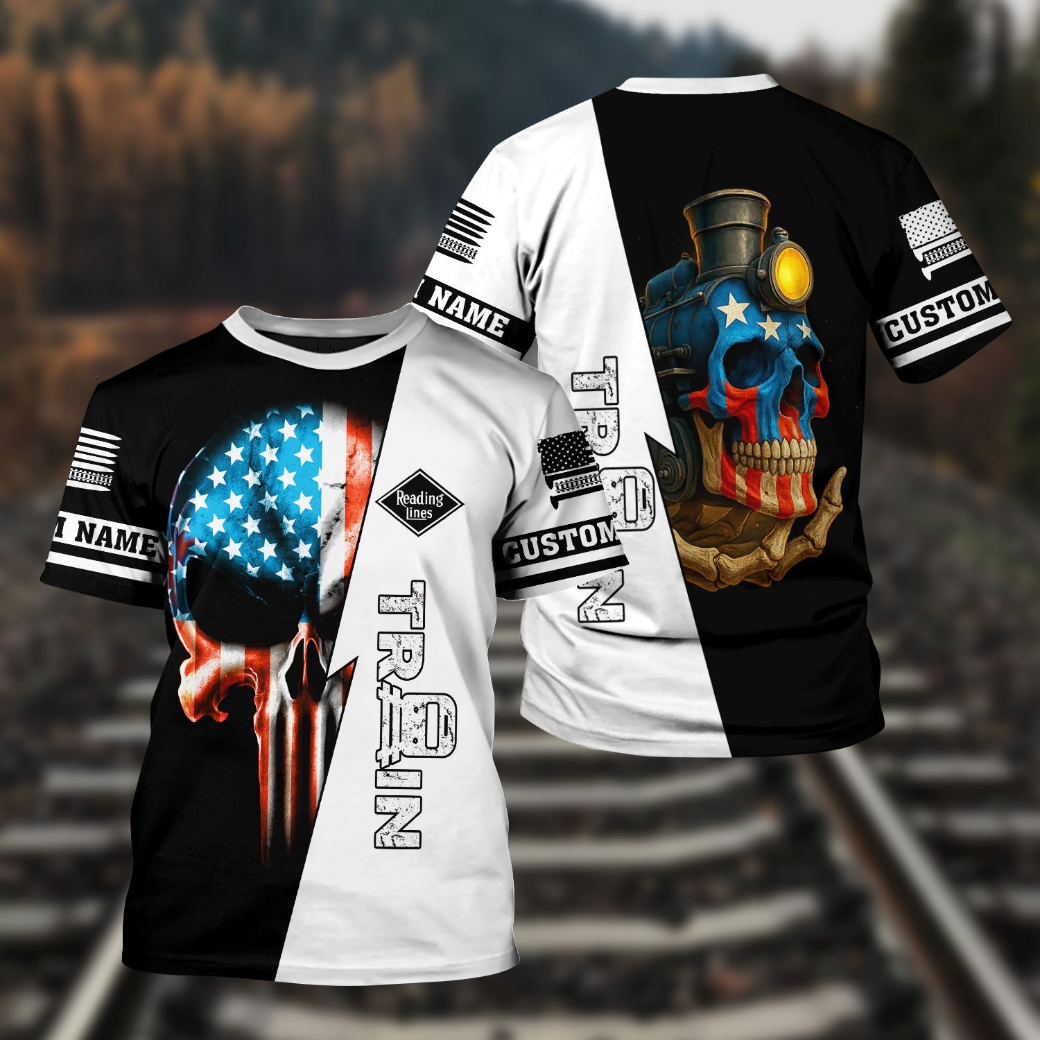 Railspirit Personalized Reading Railroad T-Shirt Train Skull American Flag Shirt All Over Print