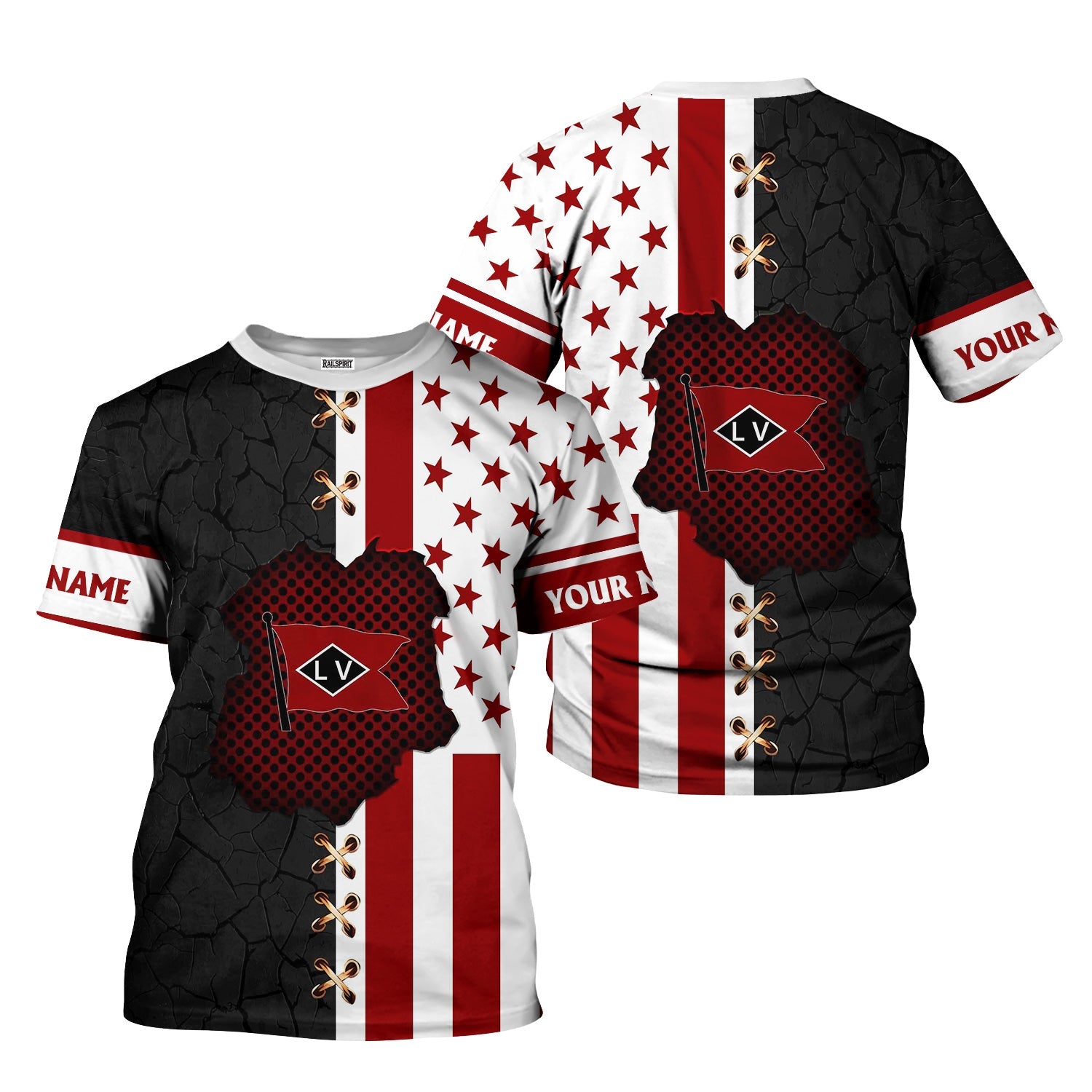 Railspirit Personalized Lehigh Valley Railroad T-Shirt American Flag with Crack Effect Train Shirt