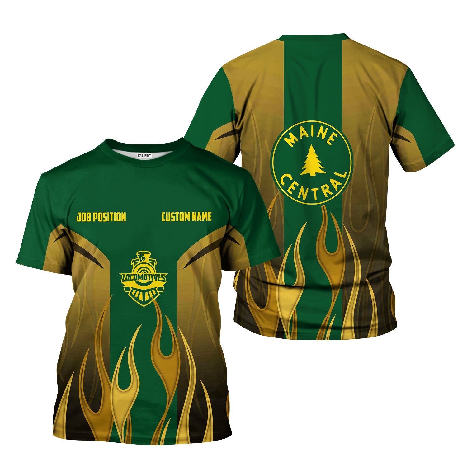 Railspirit Custom Name and Job Title Maine Central Railroad T-Shirt Flame Graphic Train Shirt