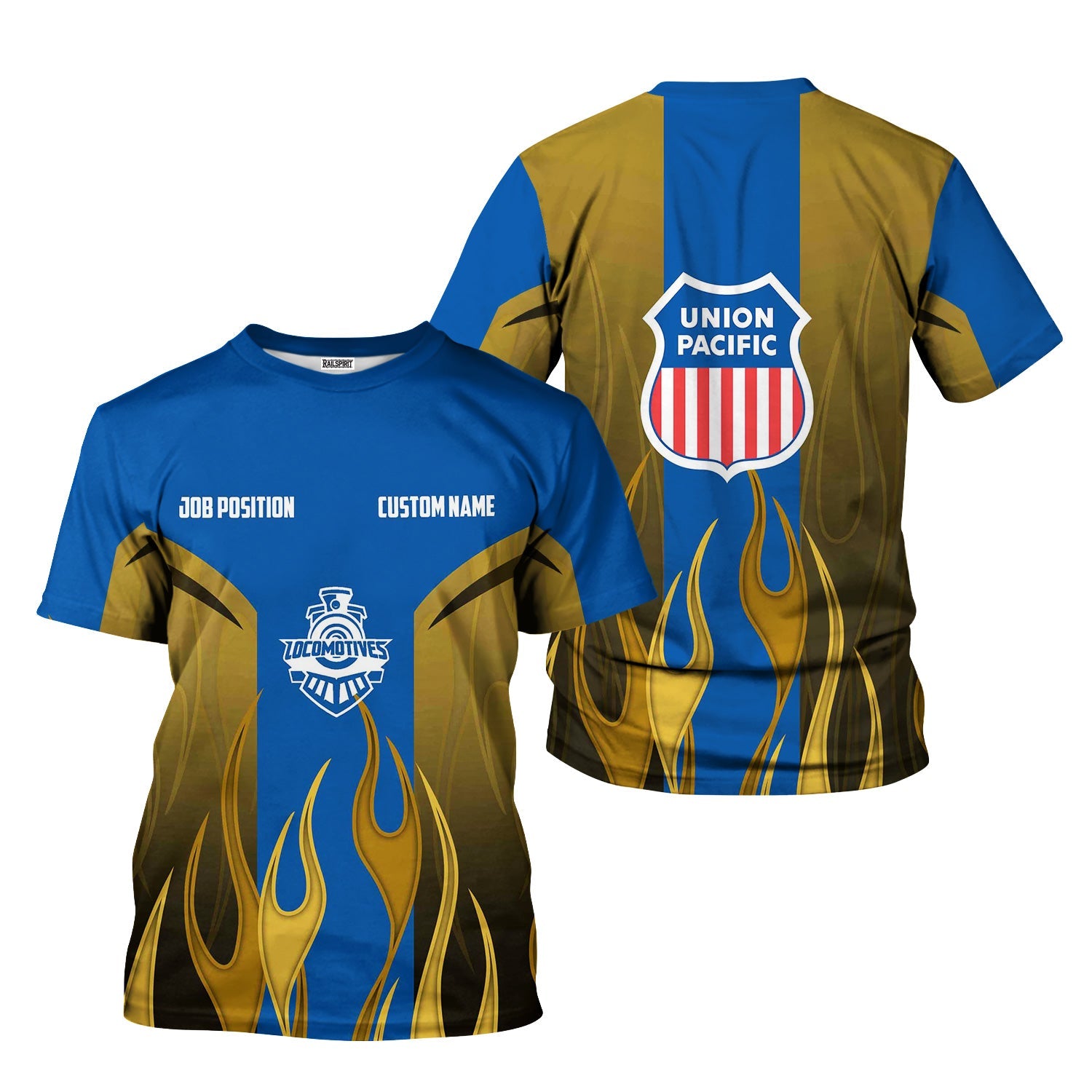 Railspirit Custom Name and Job Title Union Pacific Railroad T-Shirt Flame Graphic Big Boy Train Shirt