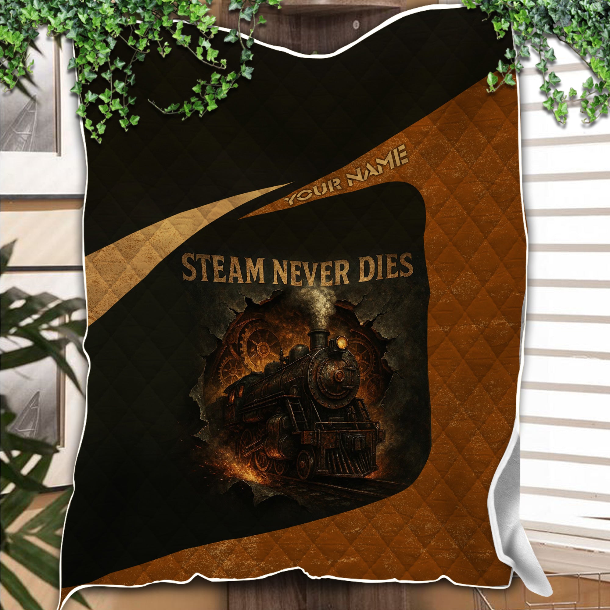 Railspirit Personalized Premium Quilts Steam Never Dies Vintage Train Quilts for Railroad Fanatic
