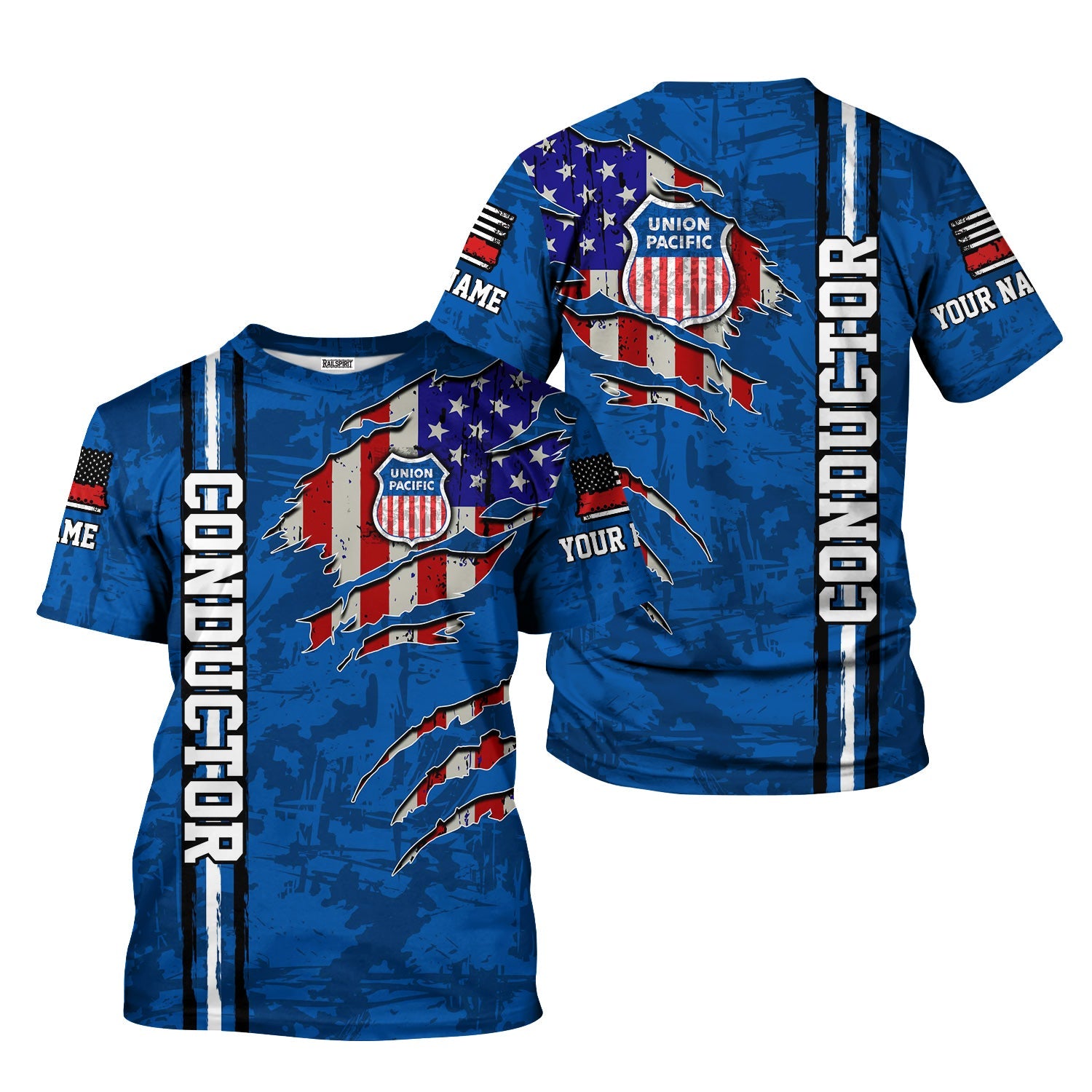 Railspirit Personalized Union Pacific Railroad T-Shirt USA Flag Claw Art with Custom Job Big Boy Train Shirt