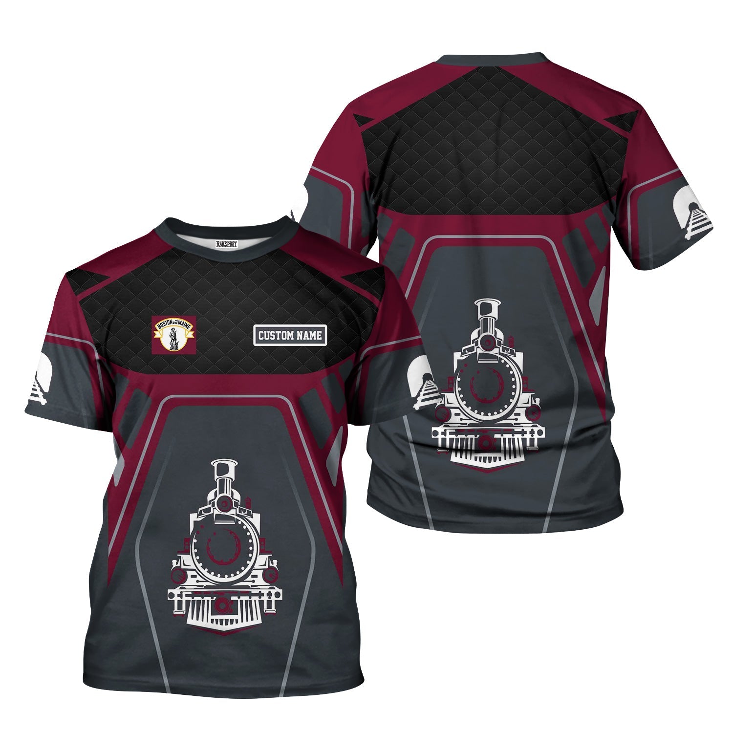 Railspirit Personalized Boston and Maine Railroad T-Shirt Steam Locomotive Engine Graphic Train Shirt All Over Print