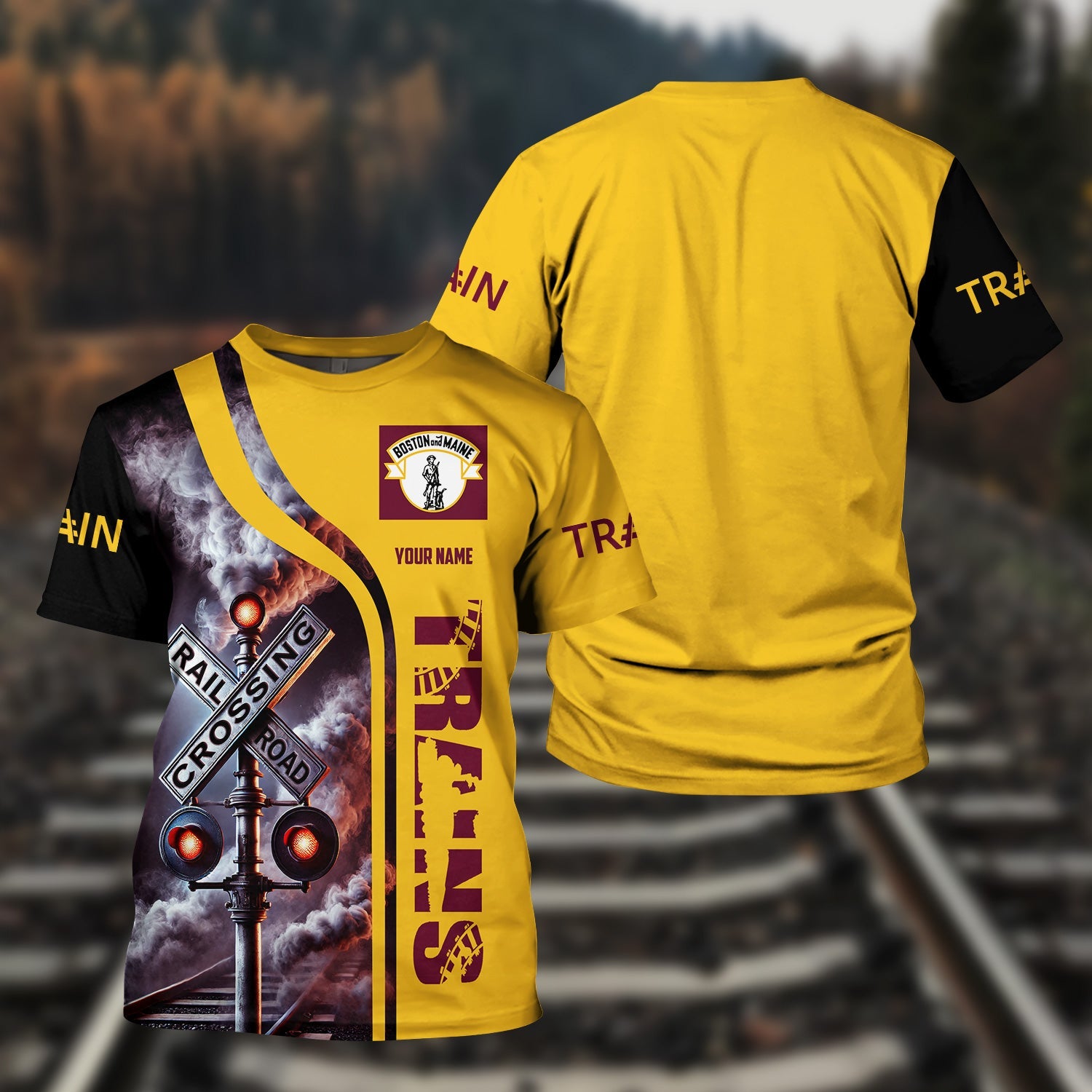 Railspirit Custom Name Boston and Maine Railroad T Shirt Railroad Crossing Sign Train Shirt All Over Print