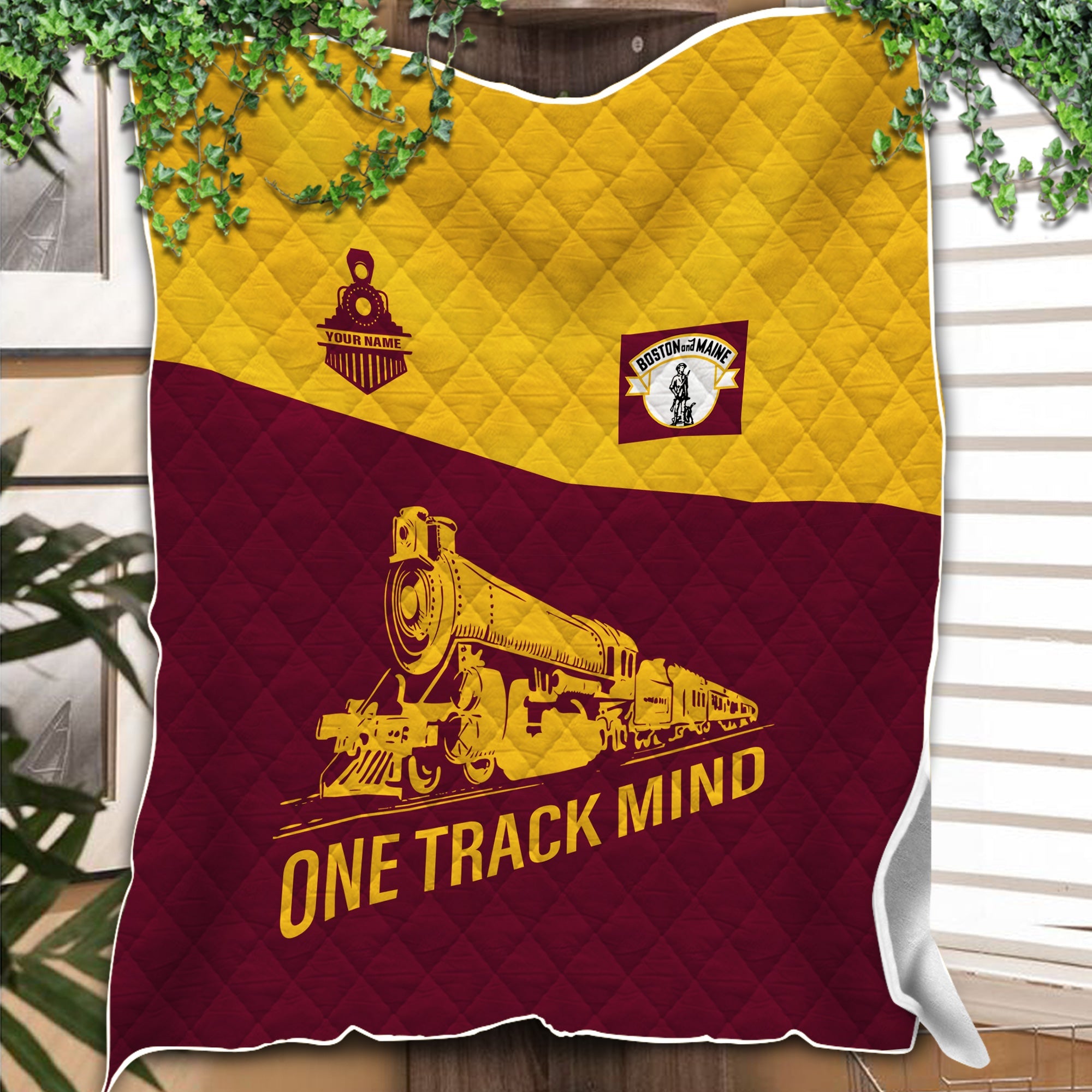 Railspirit Personalized Boston and Maine Railroad Premium Quilt One Track Mind Train Premium Quilt Gift Idea For Train Lover