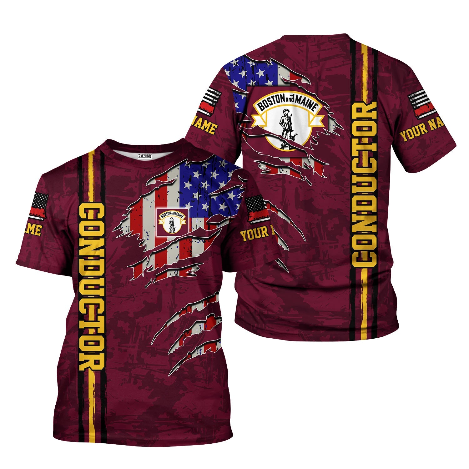 Railspirit Personalized Boston and Maine Railroad T-Shirt USA Flag Claw Art with Custom Job Train Shirt