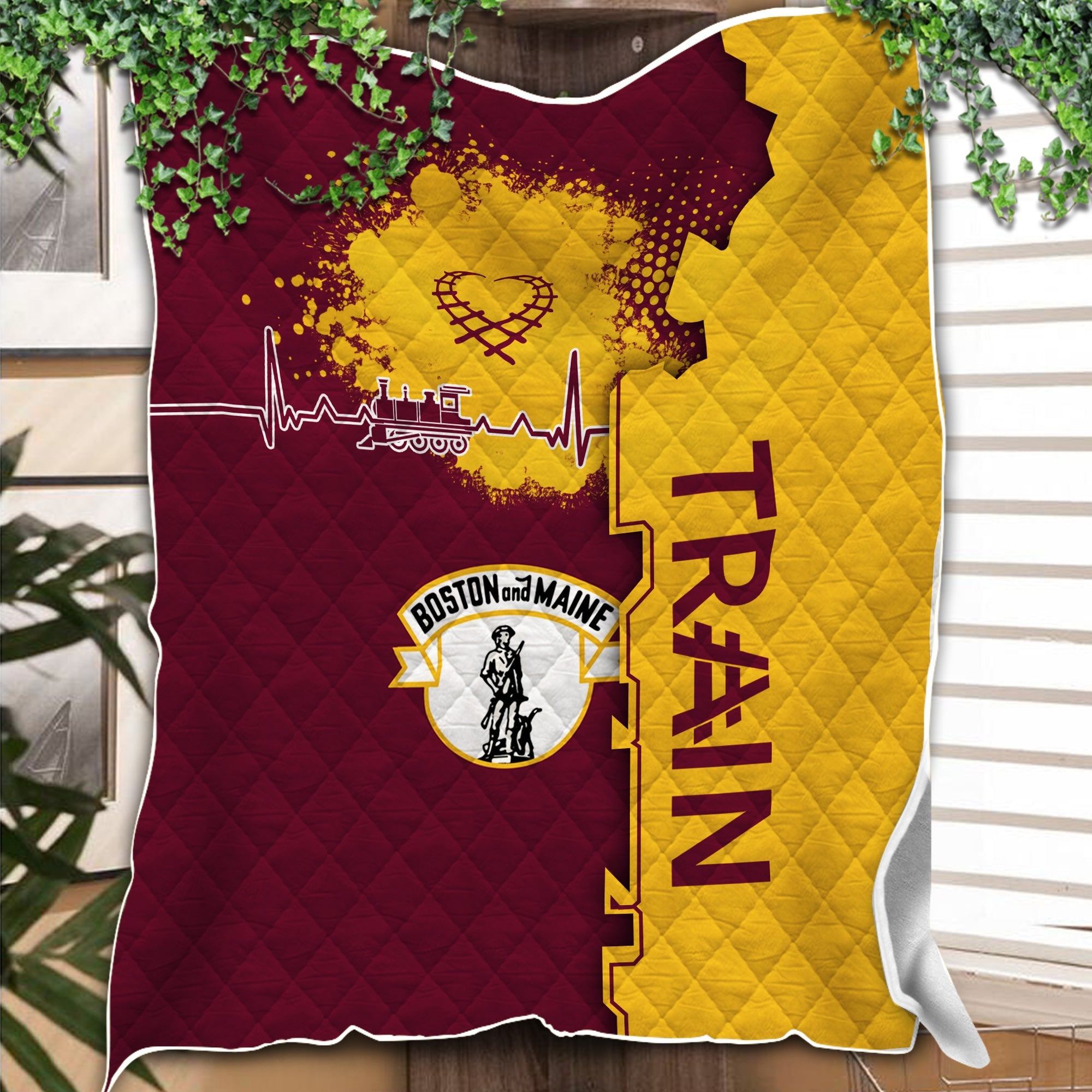 Railspirit Boston and Maine Railroad Premium Quilts Engine Heartbeat and Track Love Style Quilts Gift Idea For Train Lovers