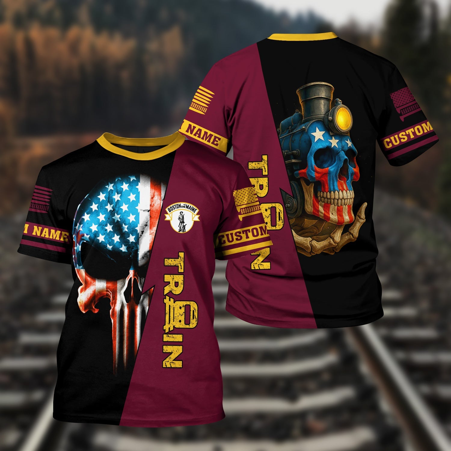 Railspirit Personalized Boston and Maine Railroad T-Shirt Train Skull American Flag Shirt All Over Print