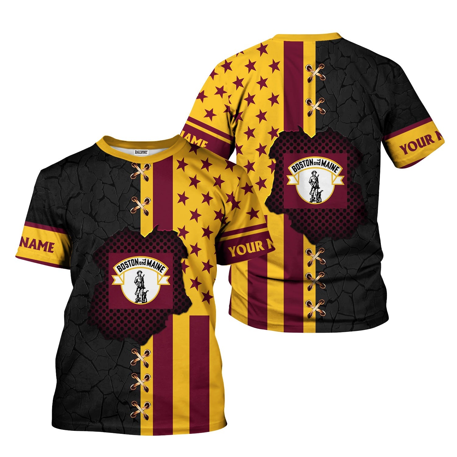 Railspirit Personalized Boston and Maine Railroad T-Shirt American Flag with Crack Effect Train Shirt