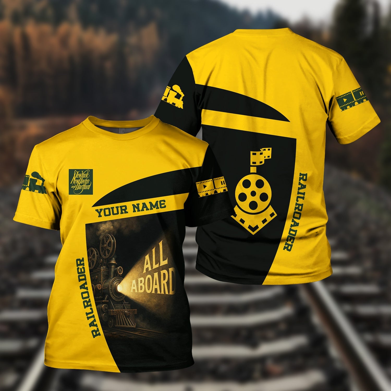 Railspirit Personalized New York, New Haven and Hartford Railroad T-Shirt All Aboard Steam Train Movie Projector Style New Haven Railroad Shirt