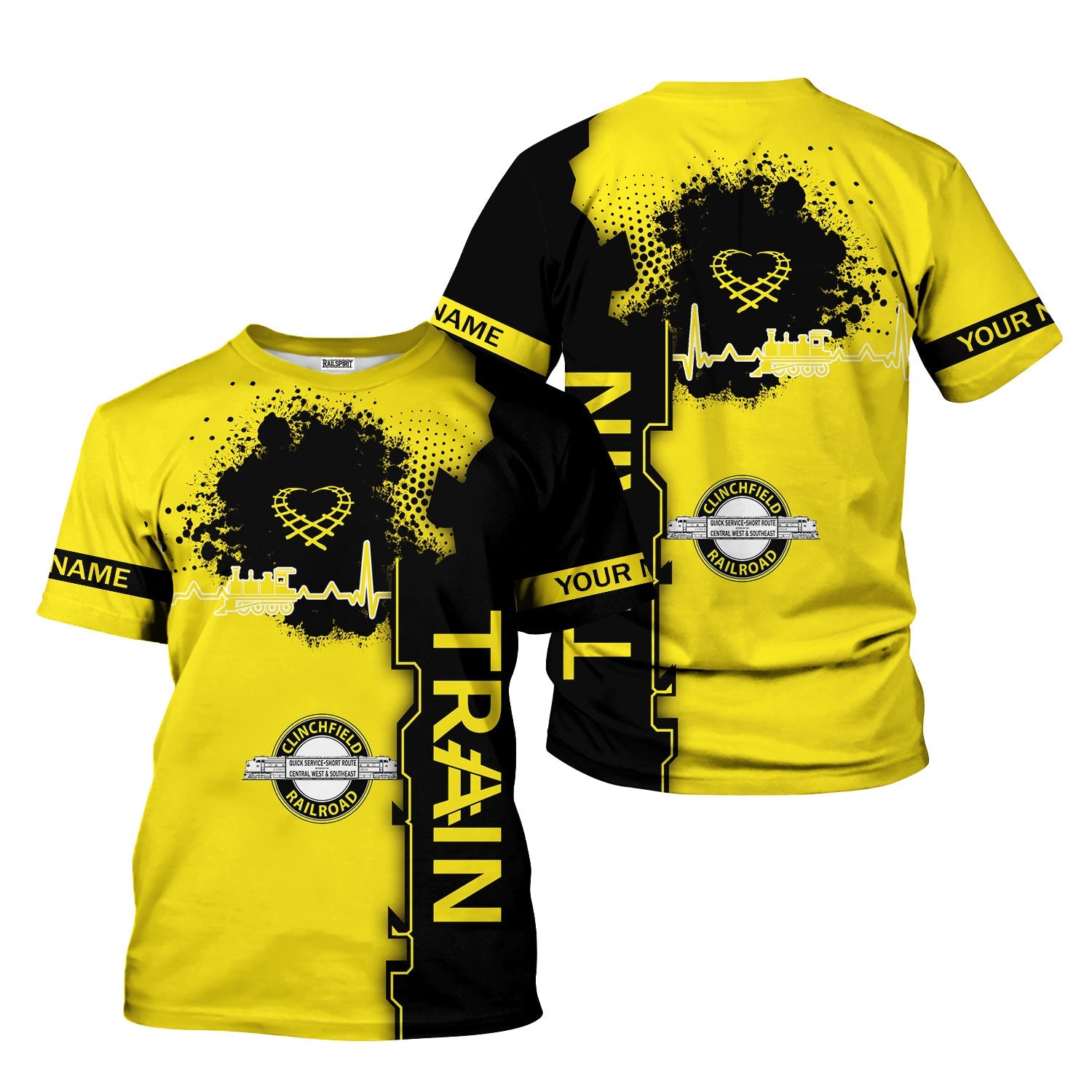 Railspirit Personalized Clinchfield Railroad T-Shirt Engine Heartbeat and Track Love Style Shirt Gift Idea For Train Lovers